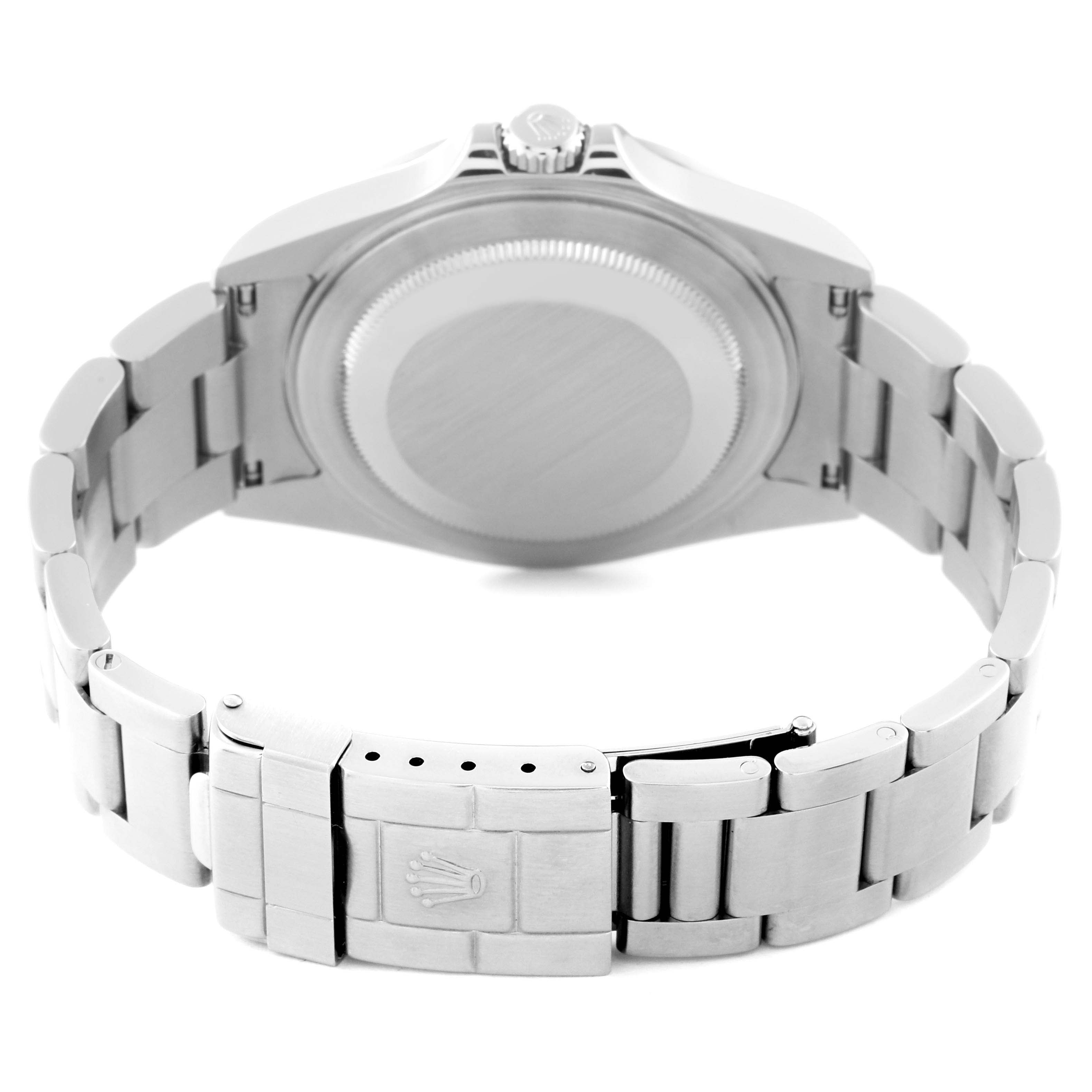 This image shows the back case and bracelet clasp of a Rolex Explorer 16570 Men
s Stainless Steel Black Dial 16570 Men
s Stainless Steel Black Dial watch.