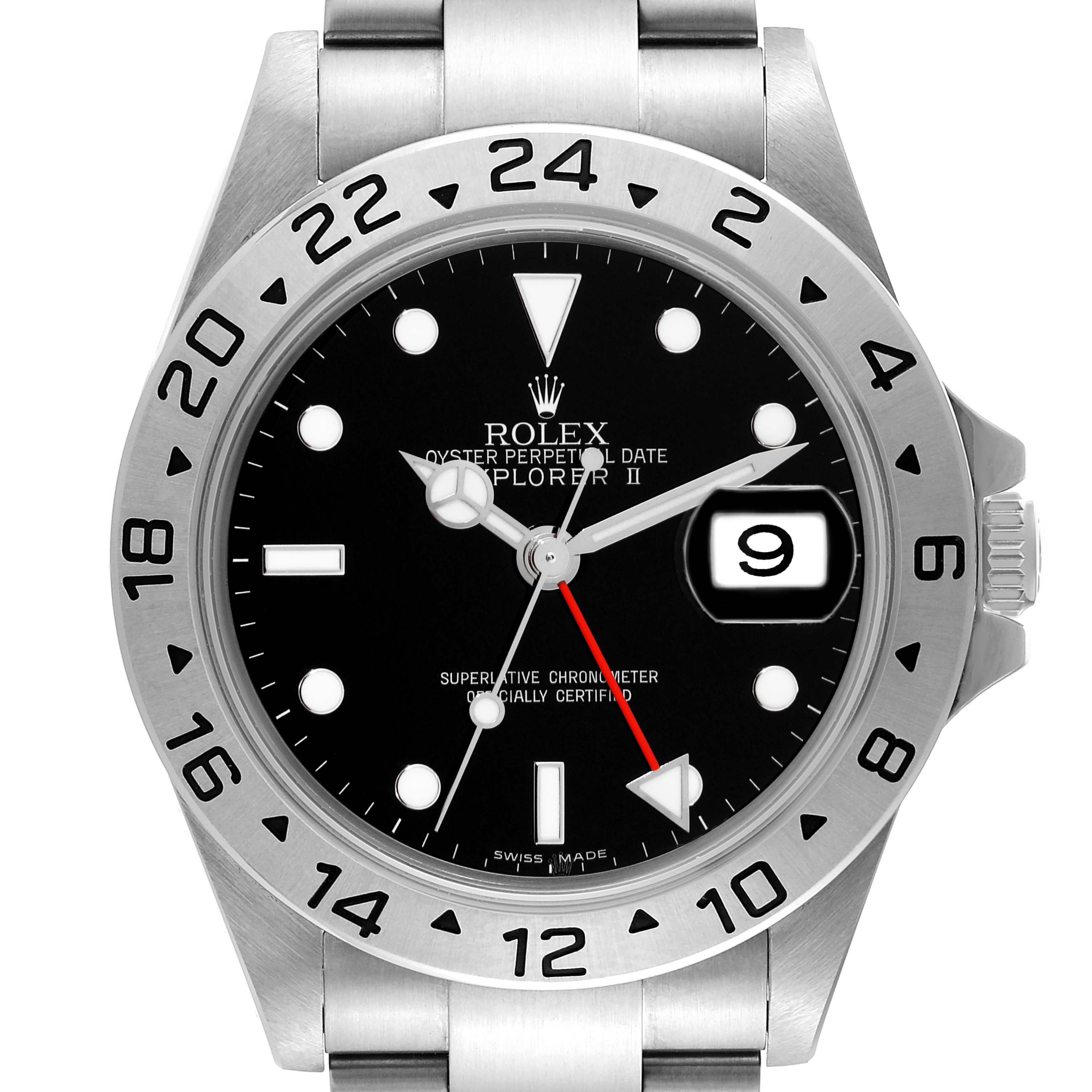 The image shows a close-up, front view of the Rolex Explorer 16570 Men
s Stainless Steel Black Dial 16570 Men
s Stainless Steel Black Dial watch, featuring its face, bezel, and partial bracelet.