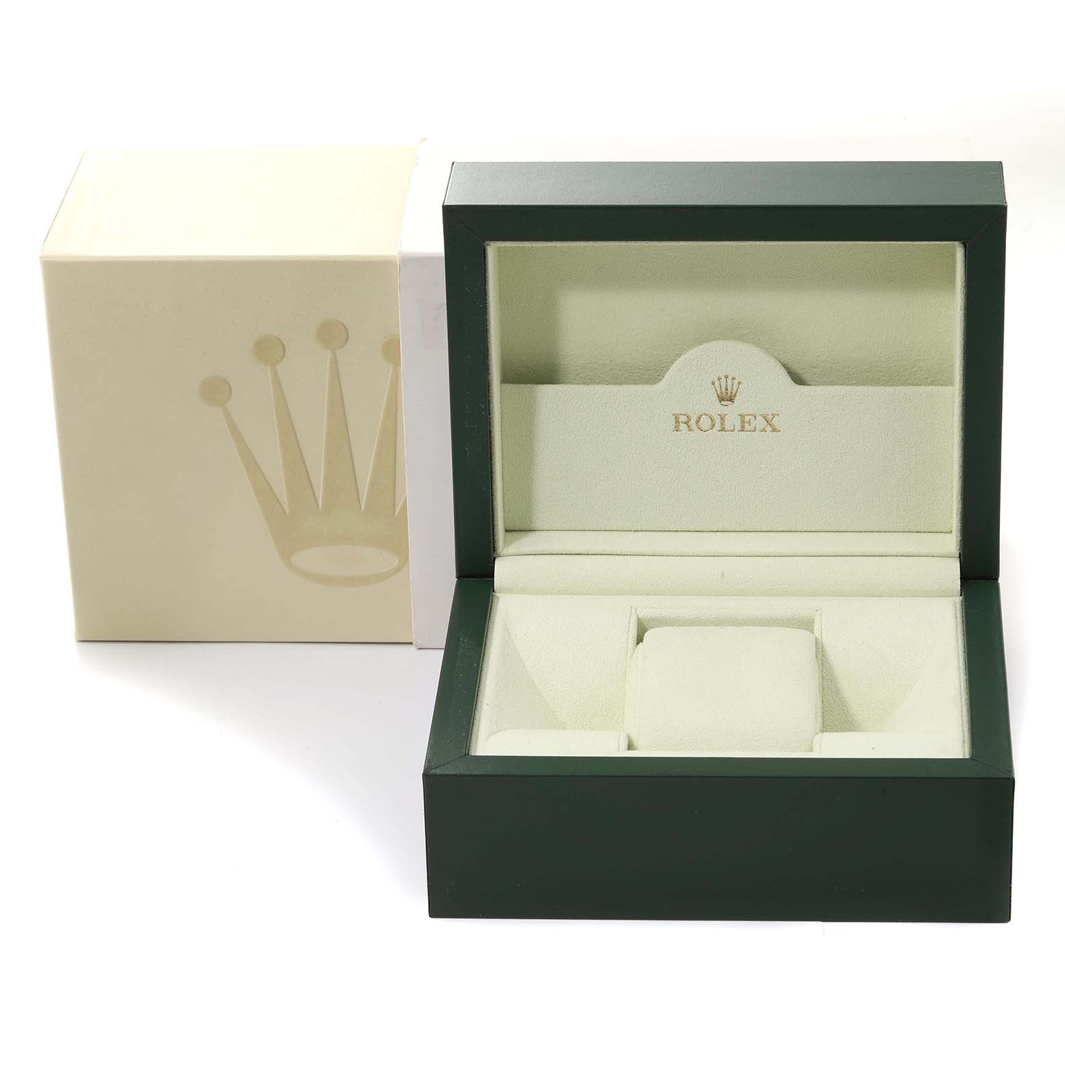 The image shows an open green and beige Rolex box for the Explorer model, displaying the interior without the watch.