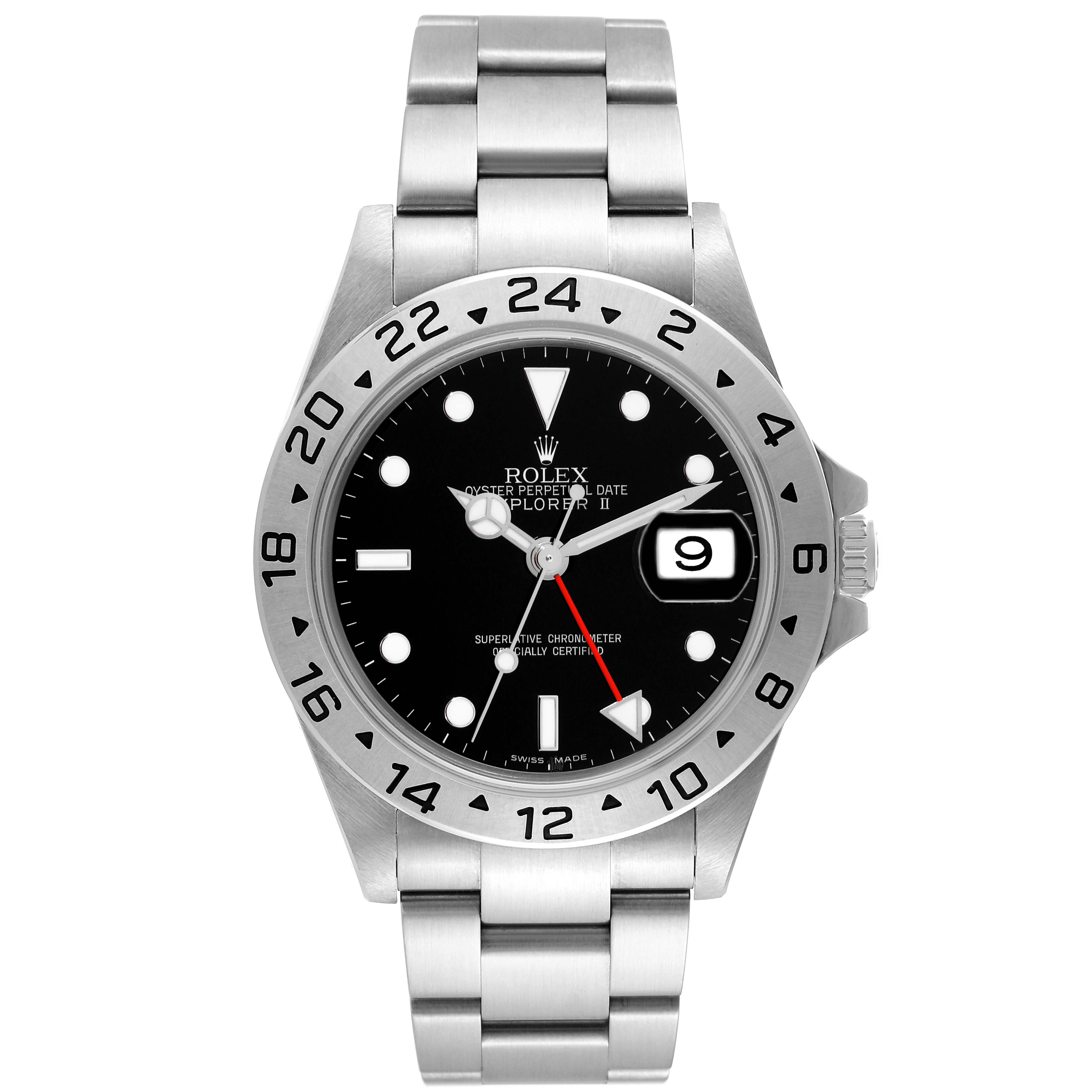 This image shows a front view of the Rolex Explorer 16570 Men
s Stainless Steel Black Dial 16570 Men
s Stainless Steel Black Dial watch, displaying the face, bezel, and part of the bracelet.