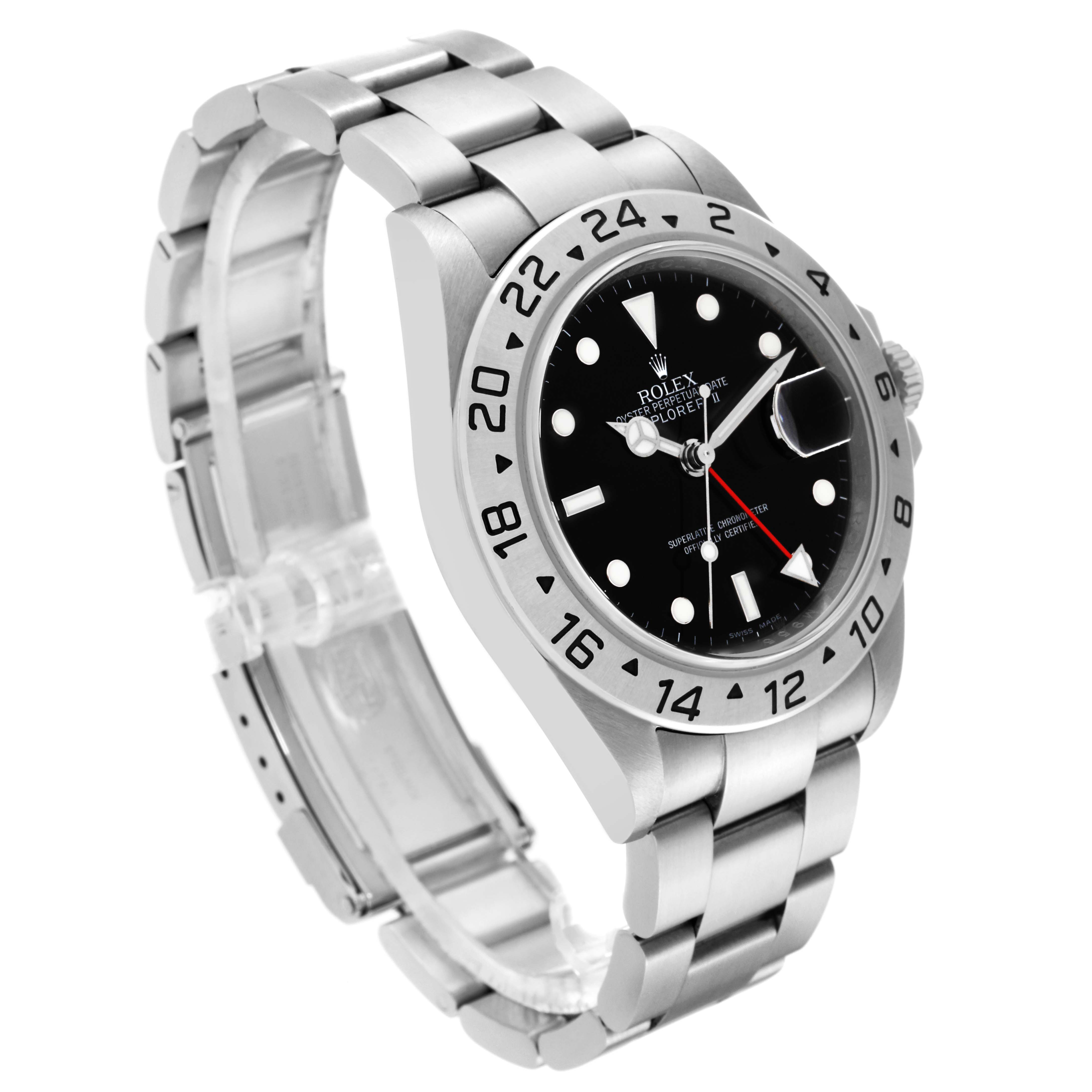 The Rolex Explorer 16570 Men
s Stainless Steel Black Dial 16570 Men
s Stainless Steel Black Dial watch is shown at a three-quarter angle, highlighting its dial, bezel, crown, and stainless steel bracelet.