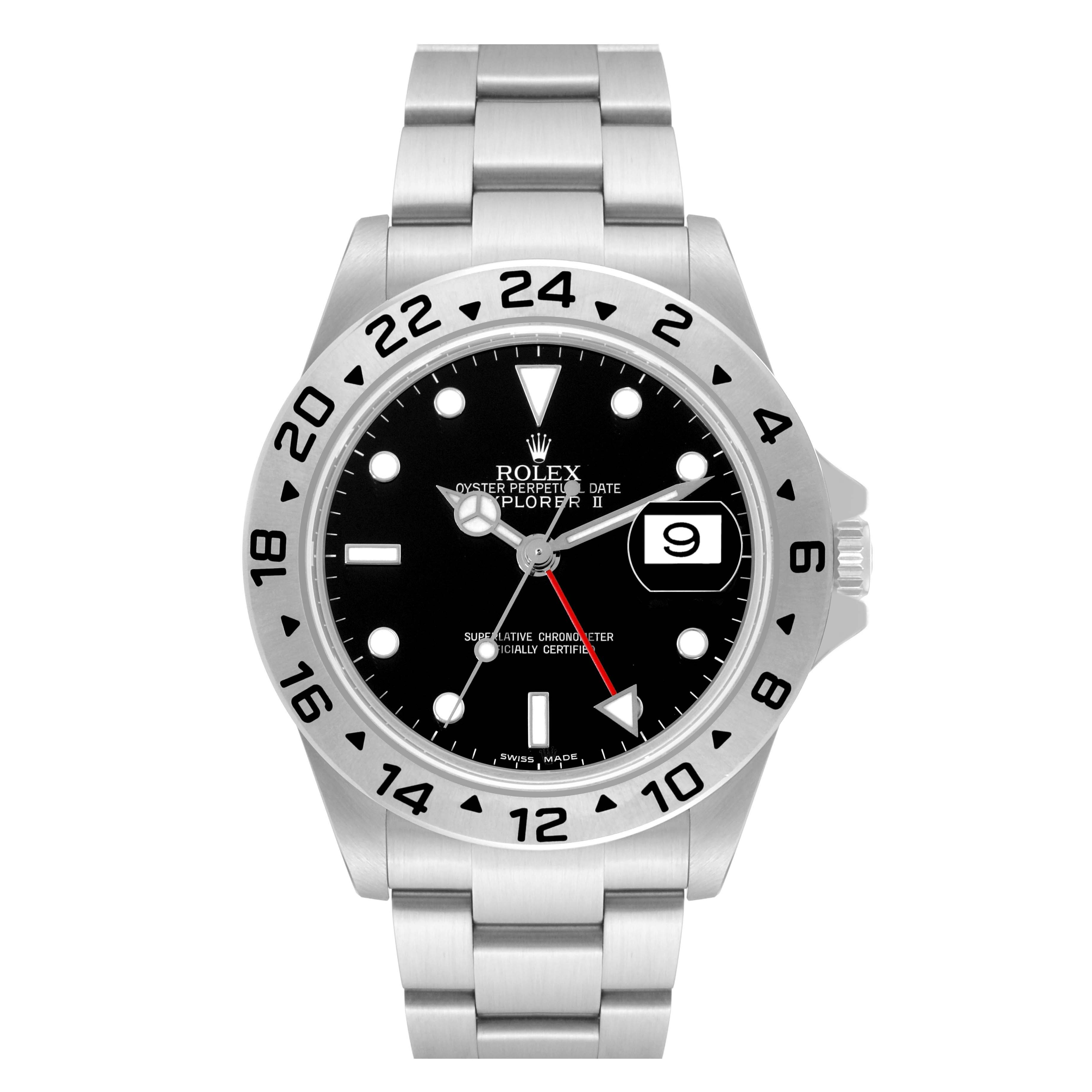 The image shows a front view of the Rolex Explorer 16570T Men
s Stainless Steel Black Dial 16570T Men
s Stainless Steel Black Dial watch, showcasing its dial, bezel, bracelet, and date window.