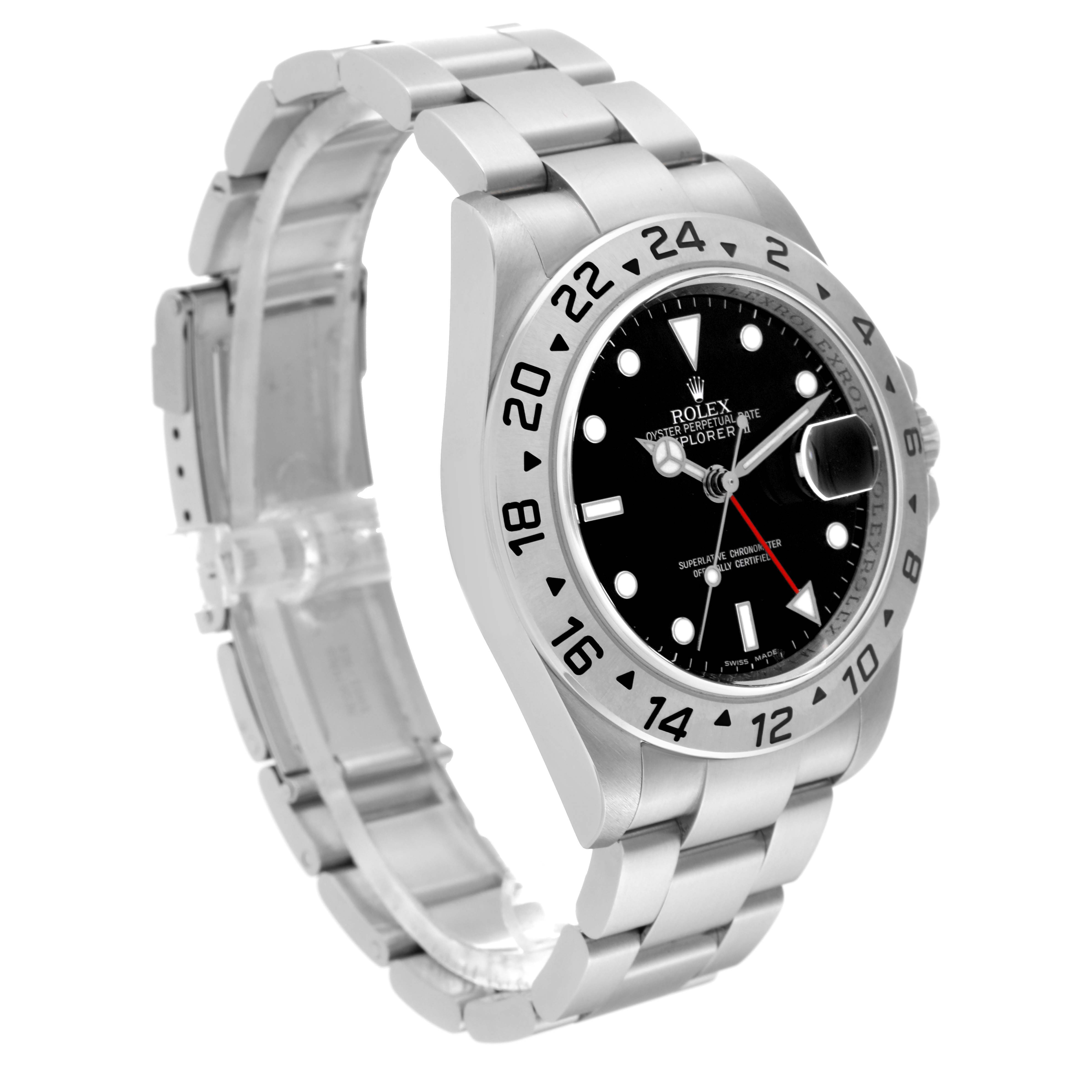The image shows a Rolex Explorer 16570T Men
s Stainless Steel Black Dial 16570T Men
s Stainless Steel Black Dial watch at an angled side view, detailing the bracelet, bezel, and black face with markers.