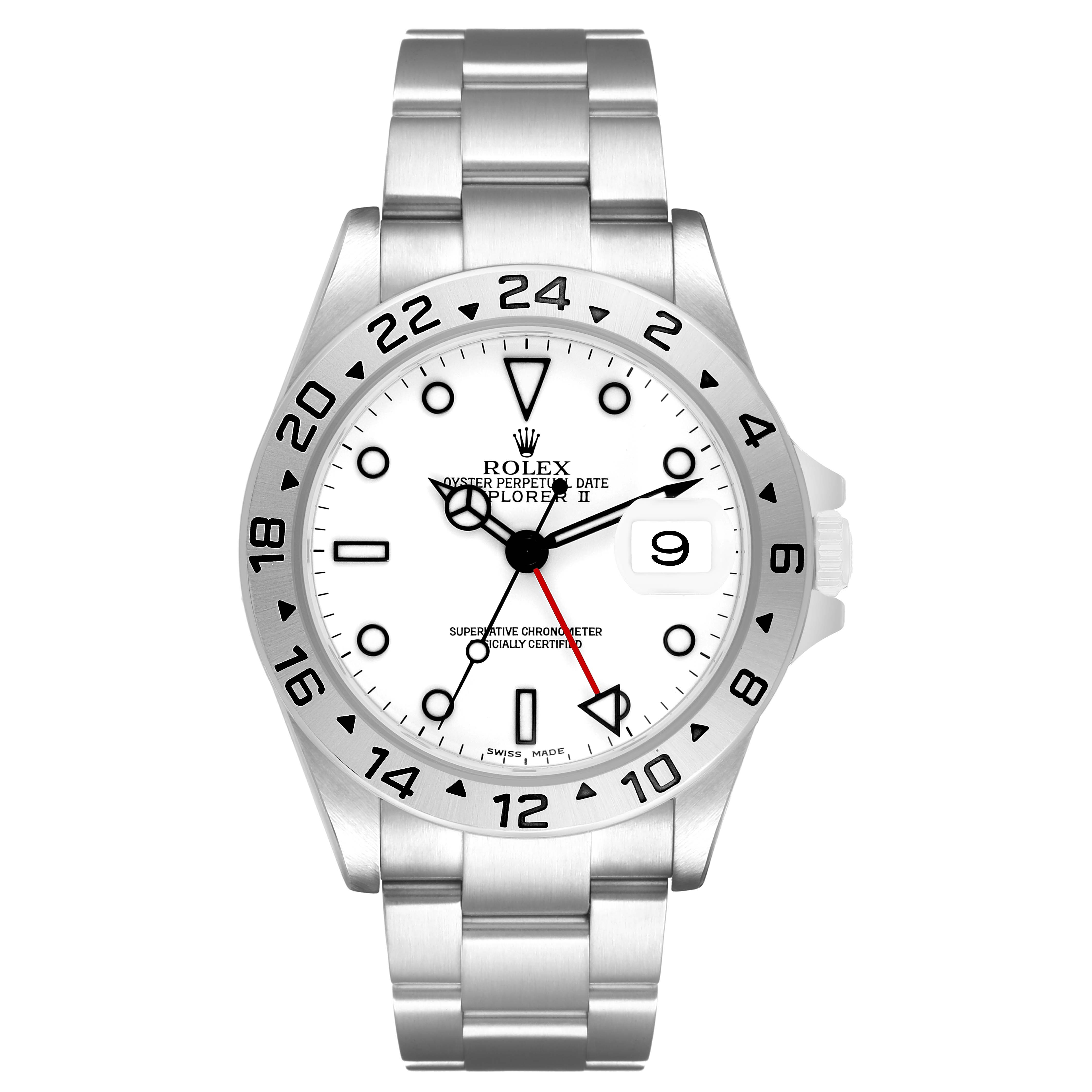 The Rolex Explorer 16570 Men's Stainless Steel White Dial model is shown from a front angle, highlighting the dial, bezel, and bracelet.