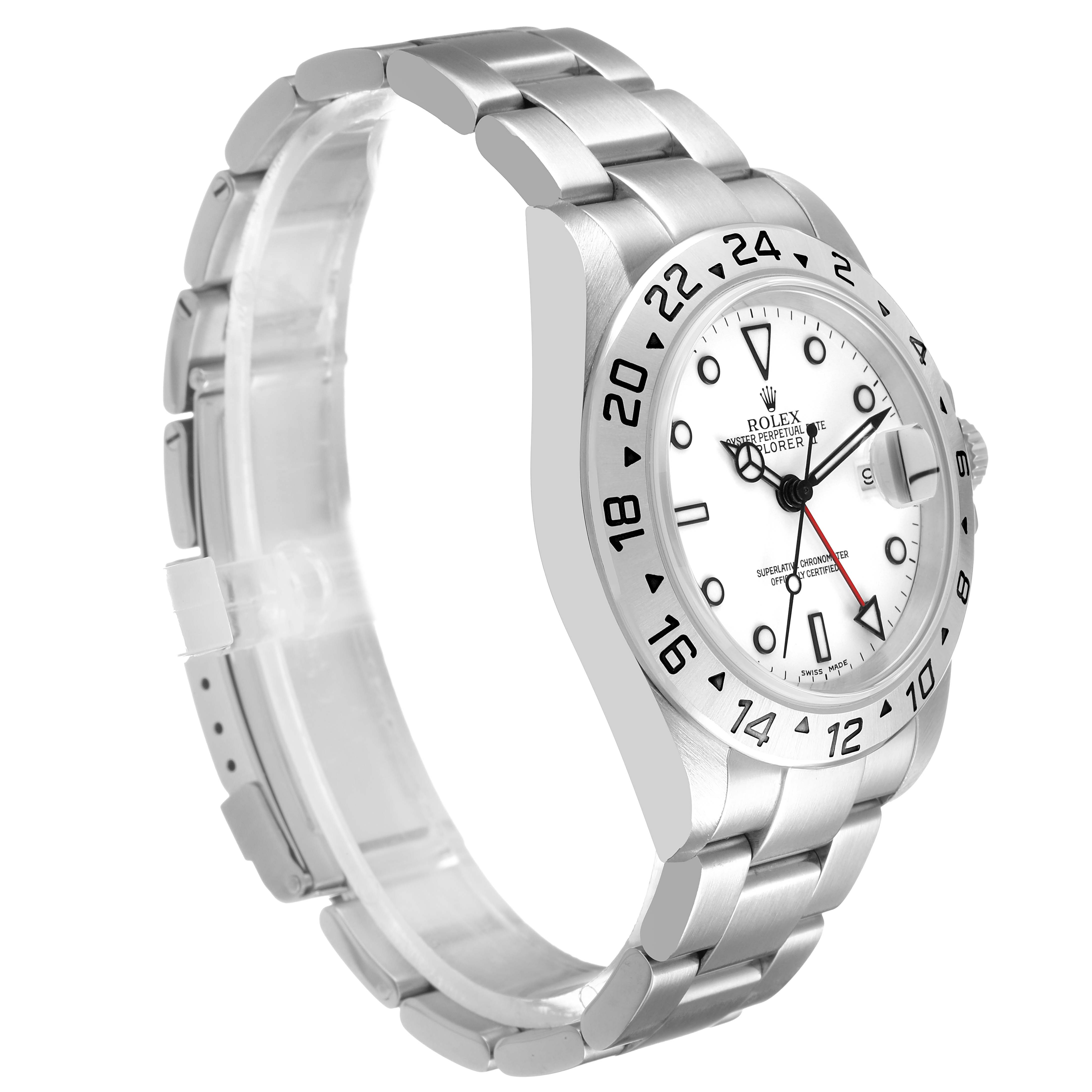 The Rolex Explorer 16570 Men's Stainless Steel White Dial watch is shown at a three-quarter angle, highlighting the dial, bezel, and bracelet.