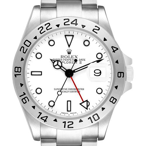 The image shows a Rolex Explorer 16570 Men's Stainless Steel White Dial watch from a front angle, displaying the dial, bezel, hands, and part of the bracelet.