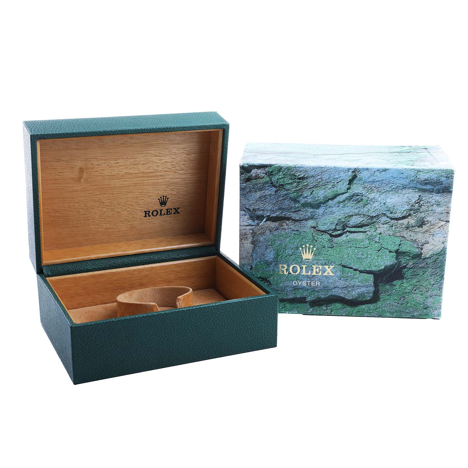 The image shows an open Rolex Explorer 16570 Men's Stainless Steel White Dial watch box and its textured outer case, with the Rolex logo inside.