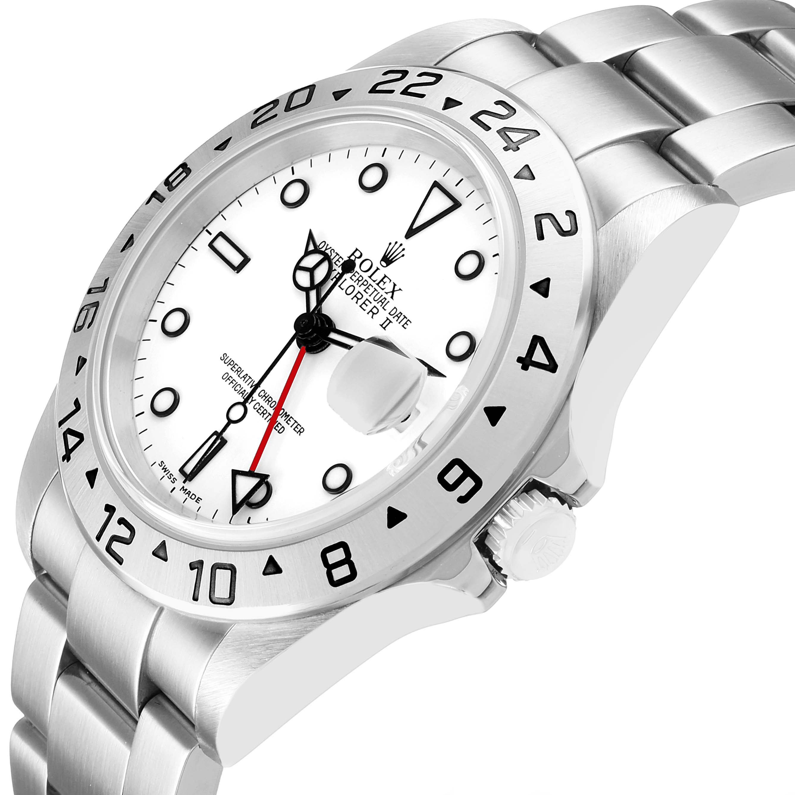 The Rolex Explorer 16570 Men's Stainless Steel White Dial watch is shown at an angled view displaying its face, bezel, crown, and part of the bracelet.