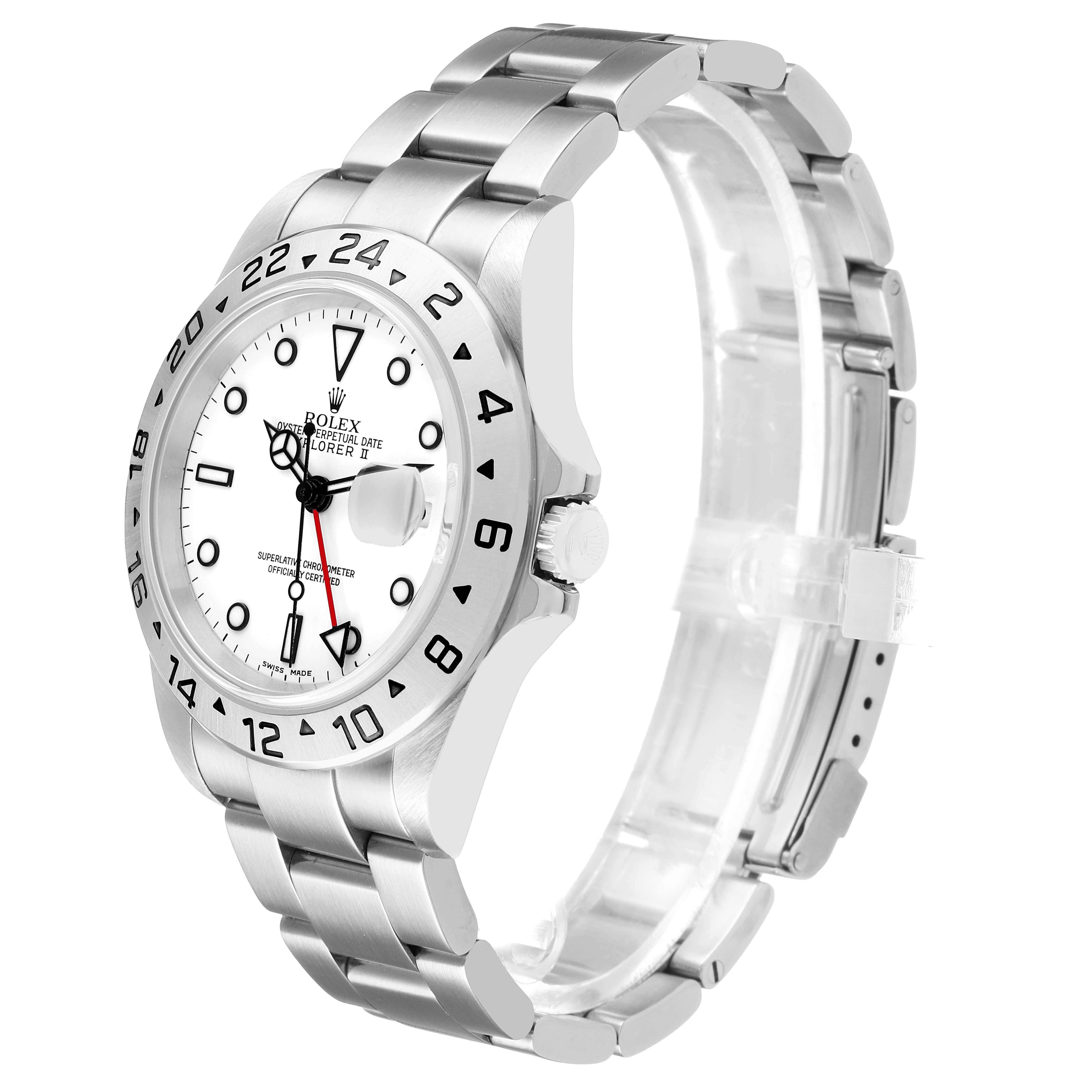 The Rolex Explorer 16570 Men's Stainless Steel White Dial watch is shown at a slight angle, highlighting the face, bezel, crown, and part of the bracelet.