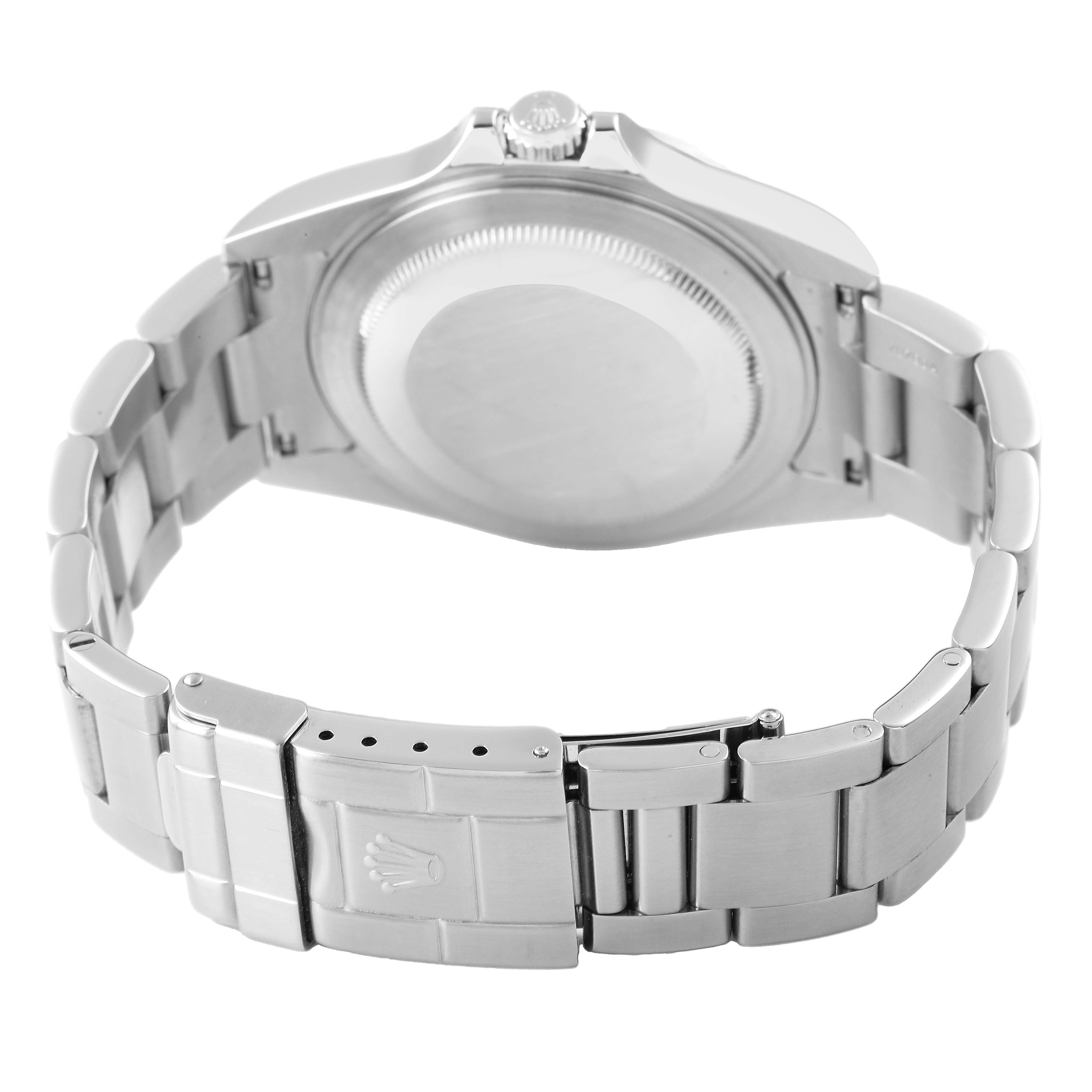 The image shows the back of the Rolex Explorer 16570 Men's Stainless Steel White Dial watch, highlighting its case back, bracelet, and clasp.