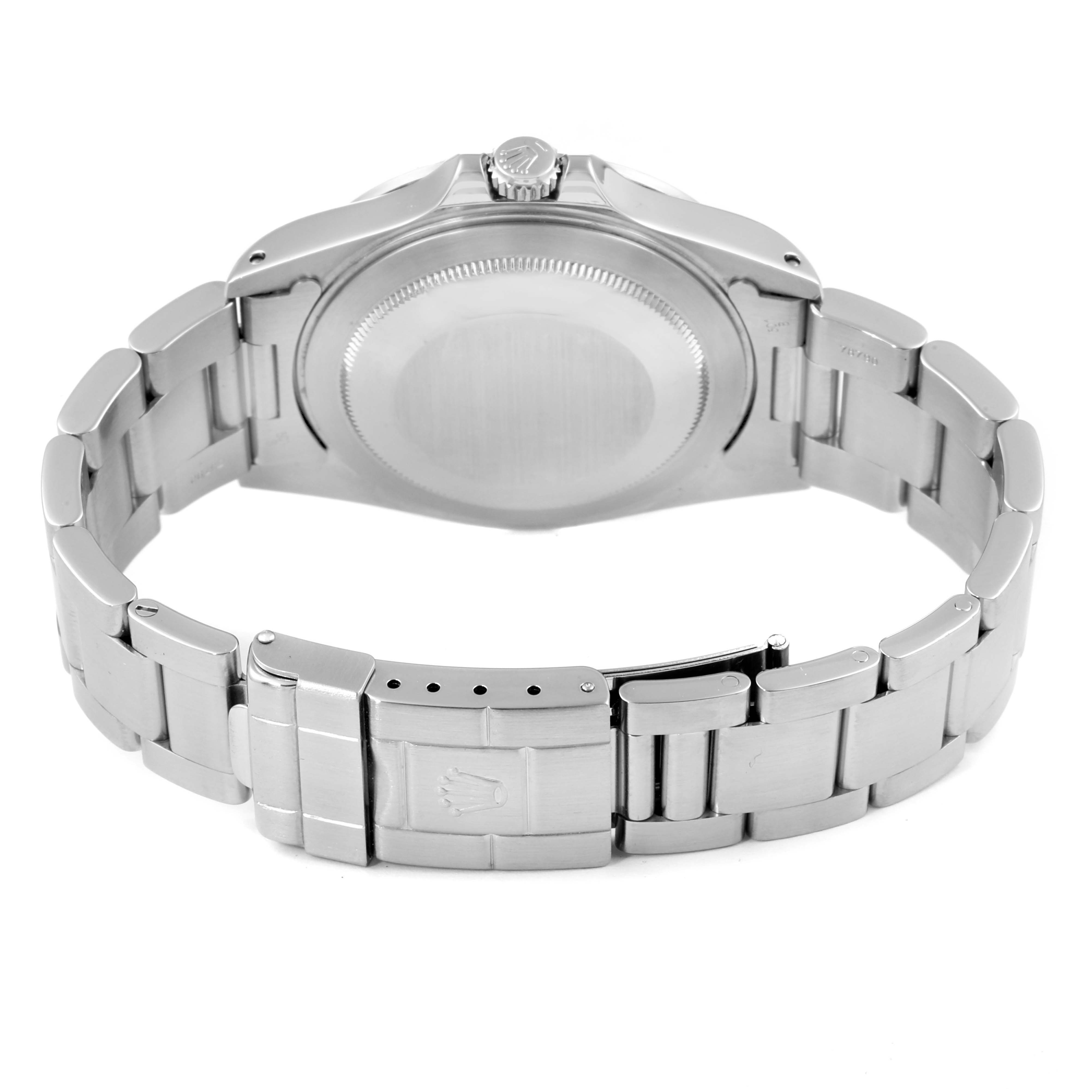 The image shows the back view of a Rolex Explorer 16570 Men
s Stainless Steel White Dial 16570 Men
s Stainless Steel White Dial watch, focusing on the case back, bracelet, and clasp.