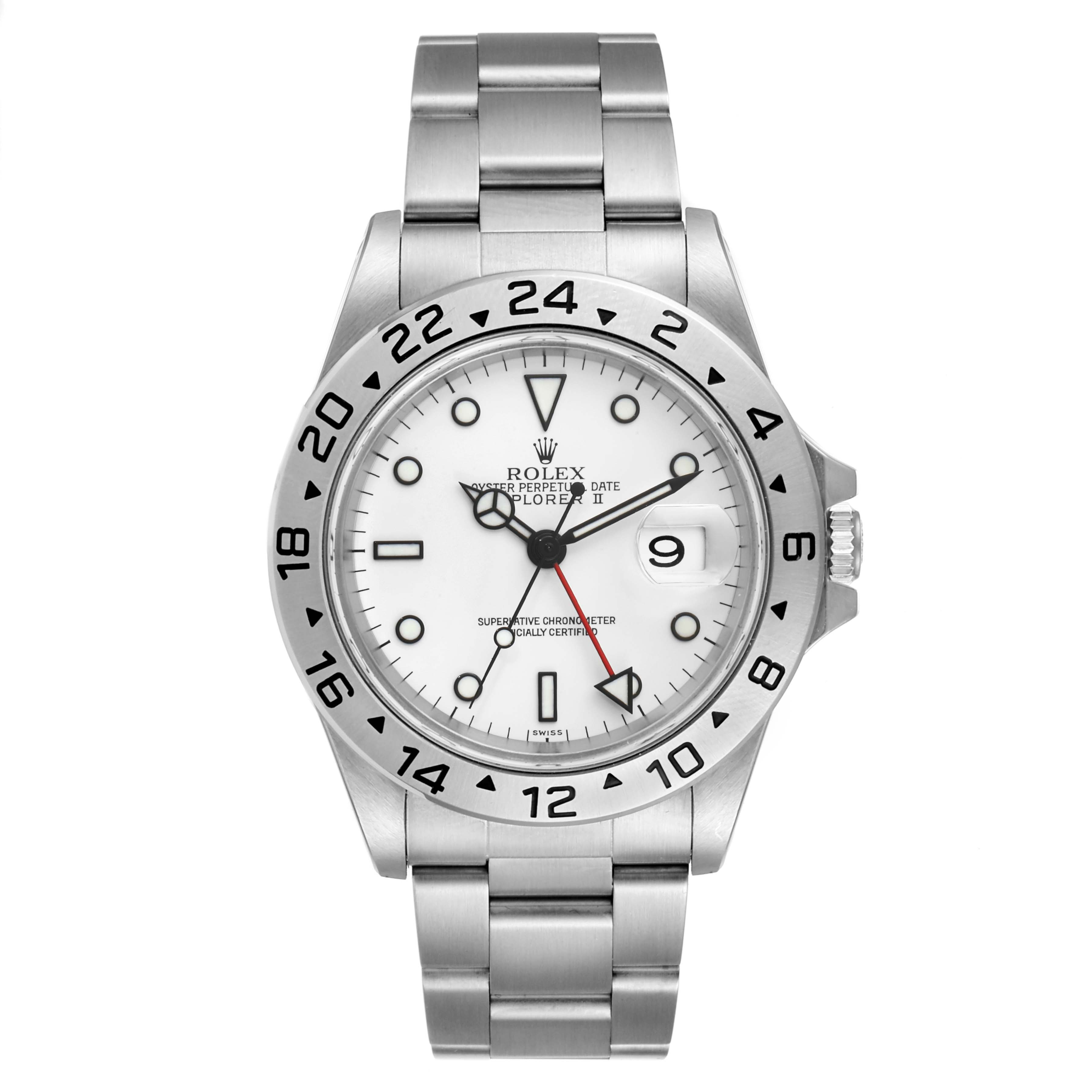 The image shows a front view of the Rolex Explorer 16570 Men
s Stainless Steel White Dial 16570 Men
s Stainless Steel White Dial watch with a white dial, date window, and stainless steel bracelet.
