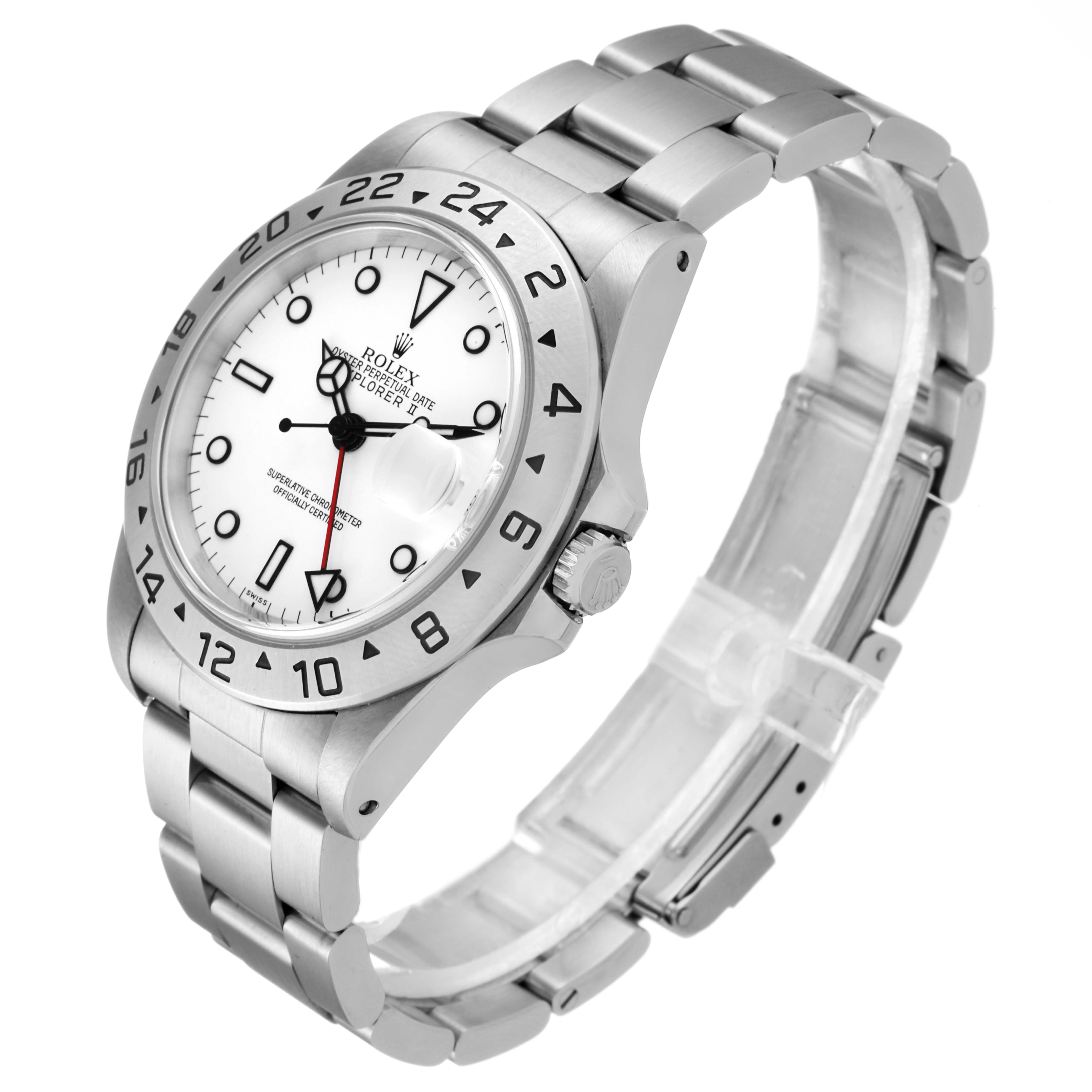 The Rolex Explorer 16570 Men
s Stainless Steel White Dial 16570 Men
s Stainless Steel White Dial watch is shown at a three-quarter angle, showcasing its face, bezel, crown, and bracelet.