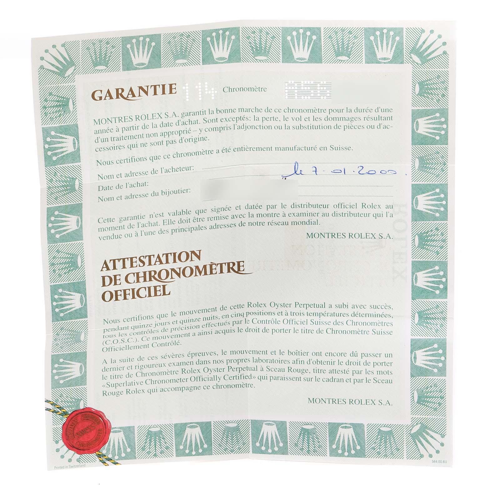 This image shows the guarantee and chronometer certificate for the Rolex Explorer 16570 Men
s Stainless Steel White Dial 16570 Men
s Stainless Steel White Dial model, highlighting official documentation.