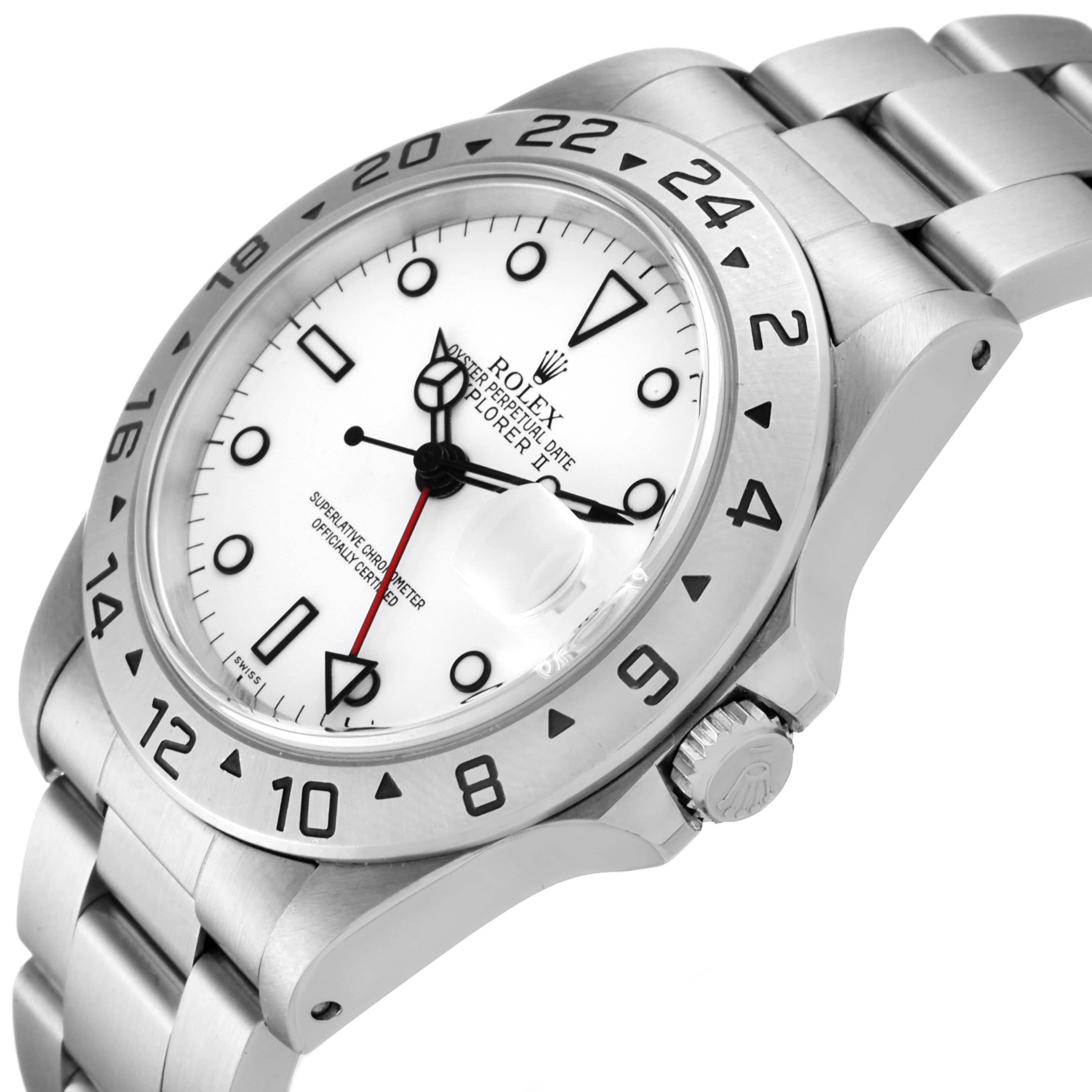 The image shows a side angle view of a Rolex Explorer 16570 Men
s Stainless Steel White Dial 16570 Men
s Stainless Steel White Dial watch, highlighting the bezel, crown, bracelet, and dial.