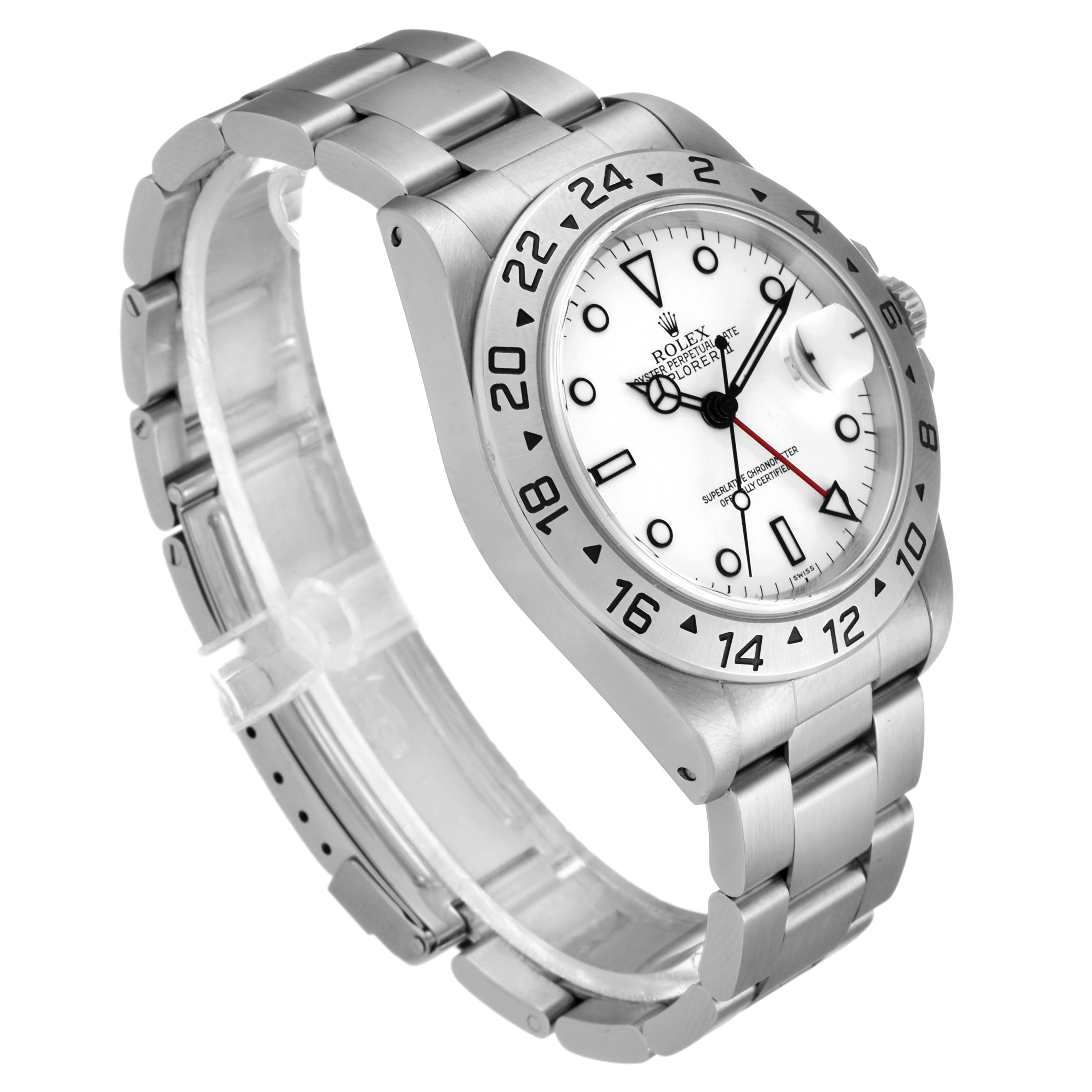 The image shows a Rolex Explorer 16570 Men
s Stainless Steel White Dial 16570 Men
s Stainless Steel White Dial watch viewed from a three-quarter angle, displaying the face, bezel, and metal bracelet.