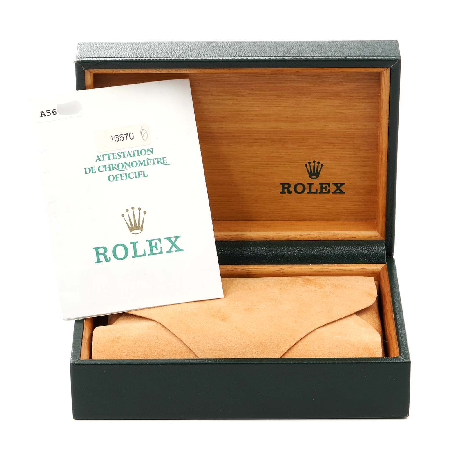 The image shows the open packaging box, a certificate, and a pouch for a Rolex Explorer 16570 Men
s Stainless Steel White Dial 16570 Men
s Stainless Steel White Dial watch.