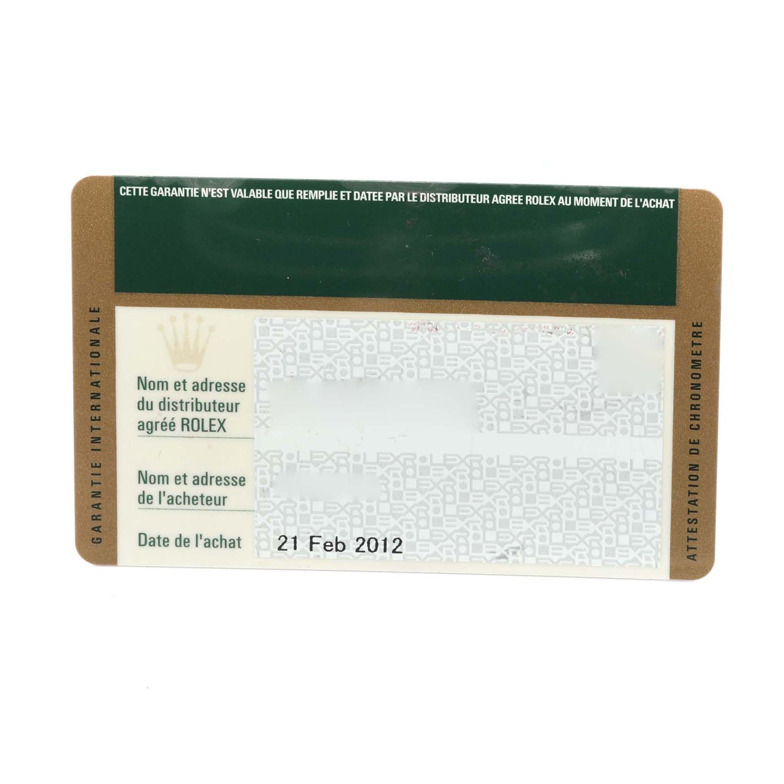 The image shows an international guarantee card for the Rolex Explorer 216570 Men
s Stainless Steel White Dial 216570 Men
s Stainless Steel White Dial model, displaying purchase date and sections for distributor and buyer information.