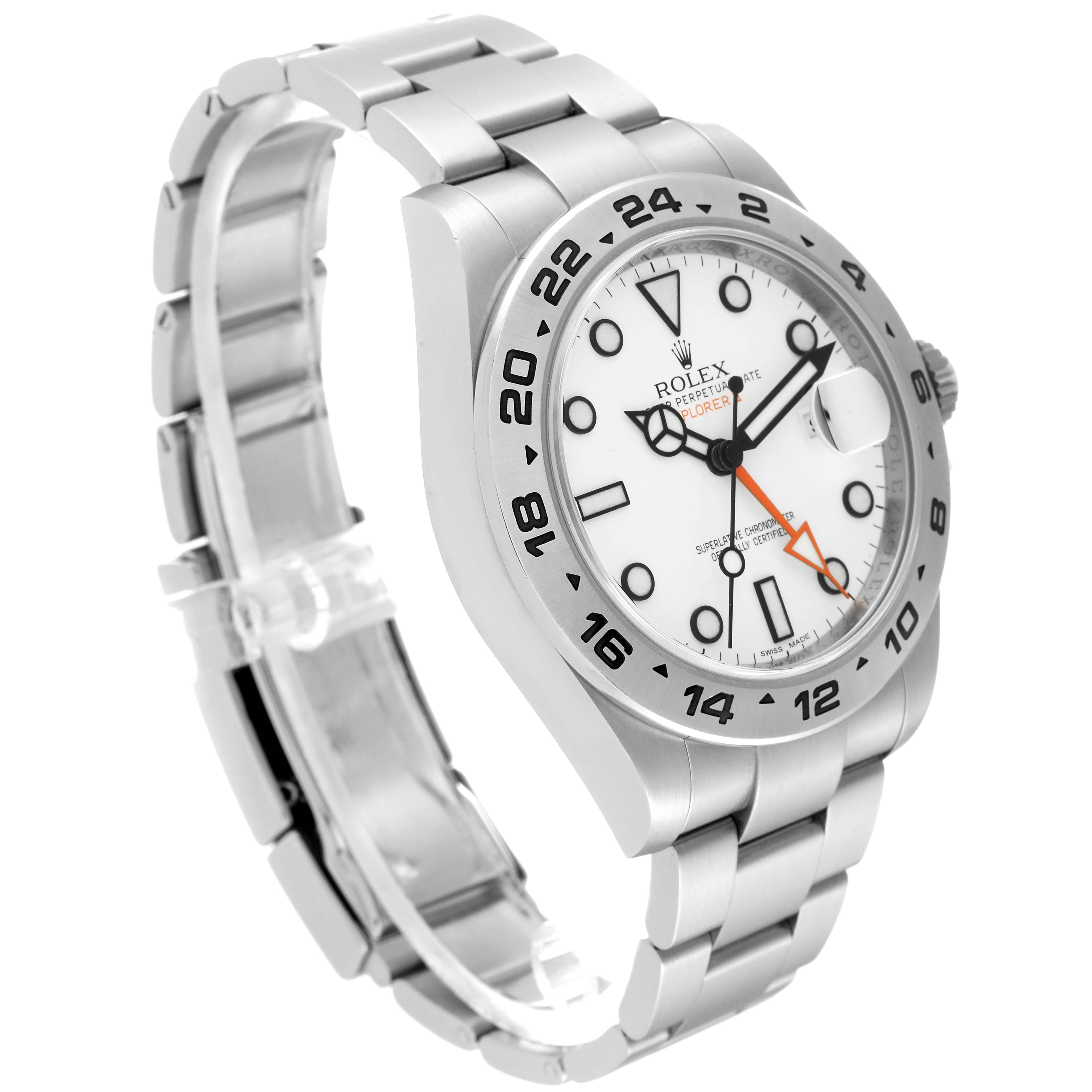 The image shows a Rolex Explorer 216570 Men
s Stainless Steel White Dial 216570 Men
s Stainless Steel White Dial watch at an angled side view, displaying its bracelet, bezel, and dial.