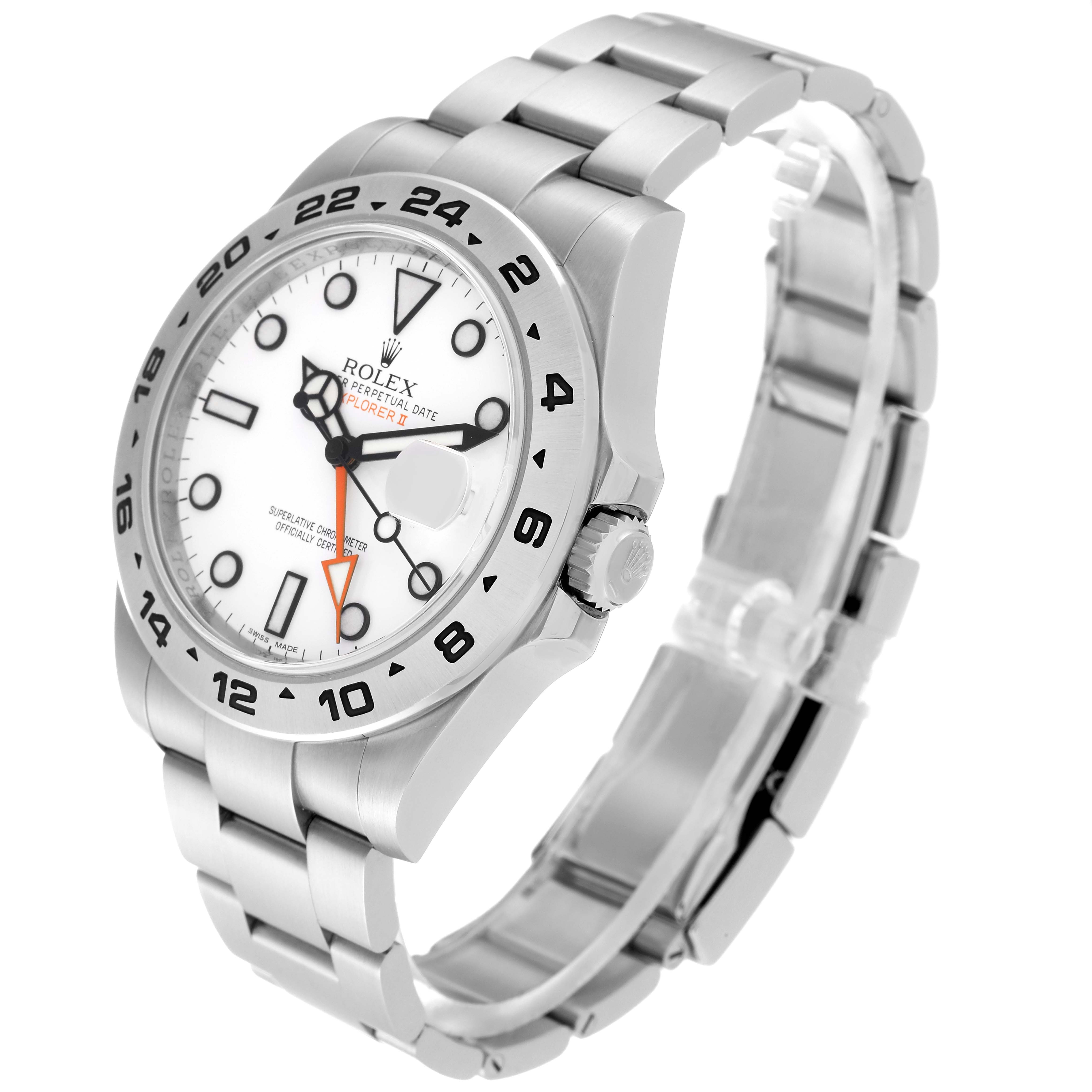 The Rolex Explorer 216570 Men
s Stainless Steel White Dial 216570 Men
s Stainless Steel White Dial model watch is shown at a slight angle, highlighting its face, bezel, crown, and bracelet.