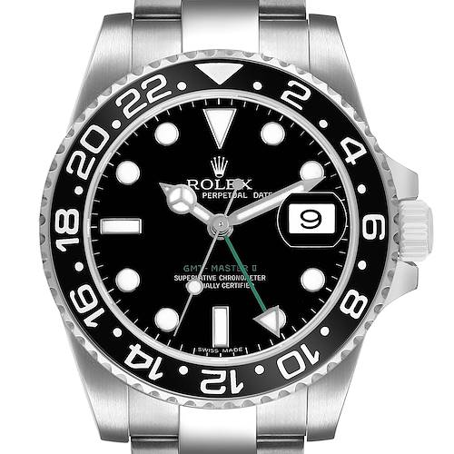 The Rolex GMT-Master 116710 Men's Stainless Steel Black Dial watch is shown from the front, displaying the bezel, dial, hands, date window, and part of the bracelet.