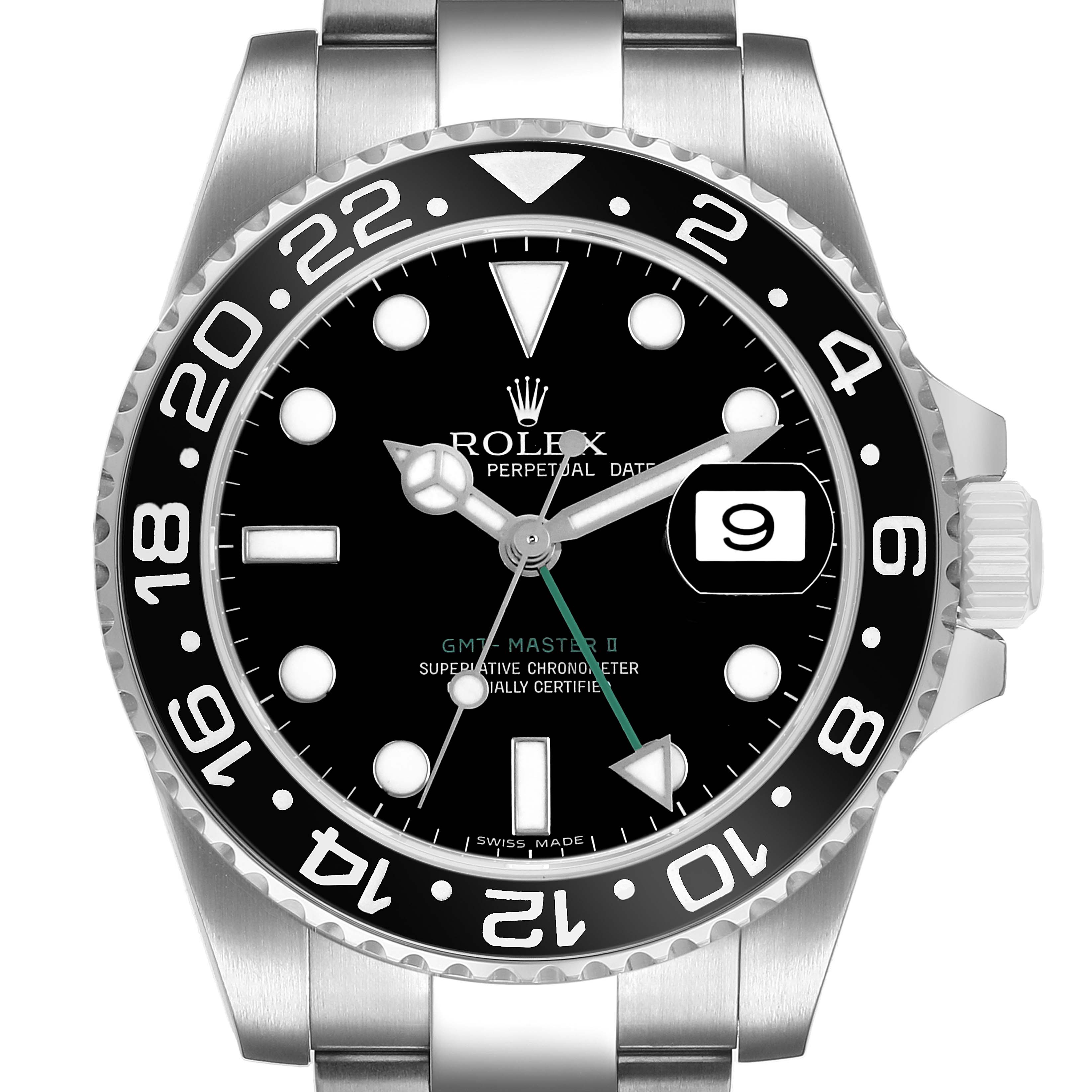 The Rolex GMT-Master 116710 Men's Stainless Steel Black Dial watch is shown from a front view, highlighting its bezel, dial, and crown.