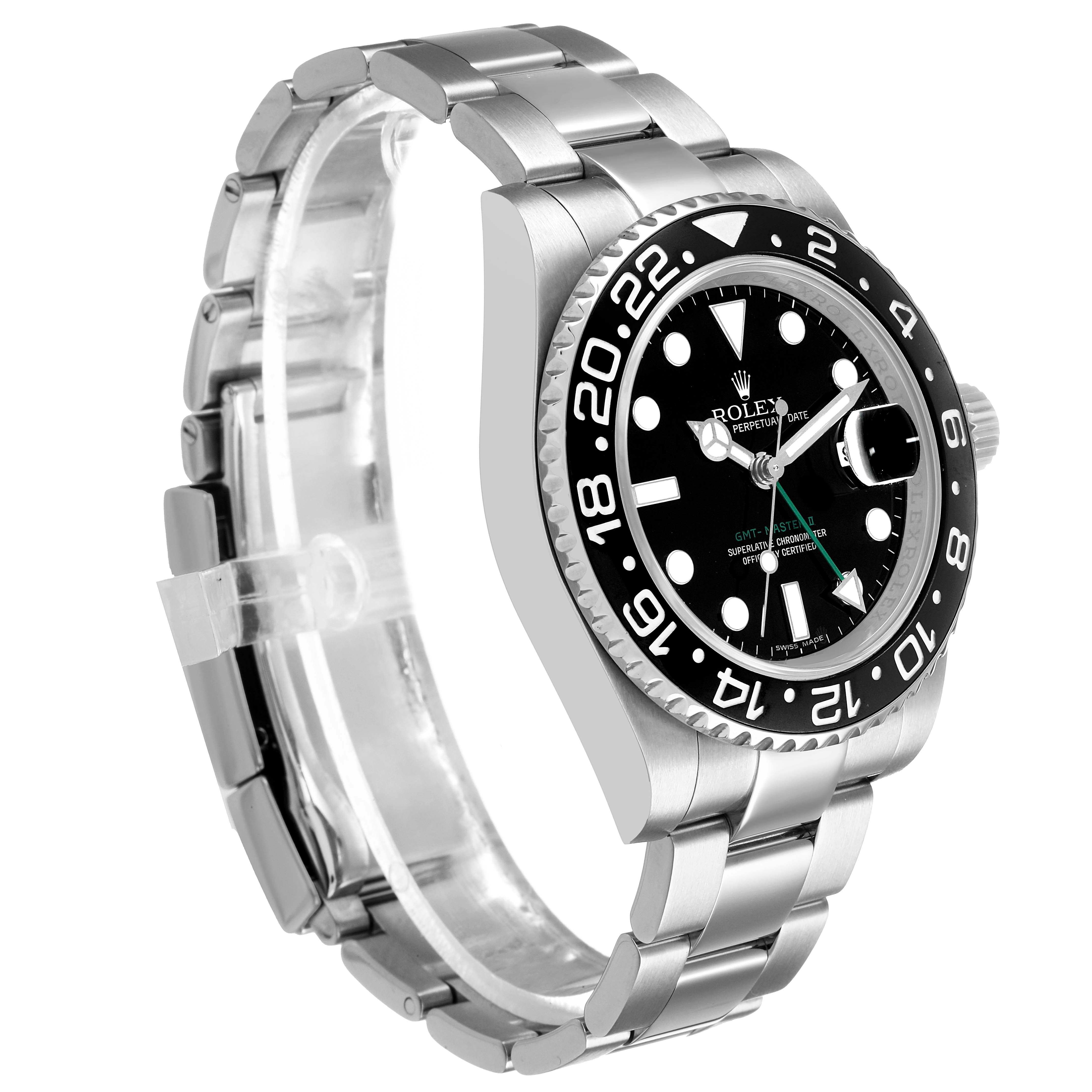 The Rolex GMT-Master 116710 Men's Stainless Steel Black Dial watch is shown at a three-quarter angle, highlighting its bezel, dial, and bracelet.