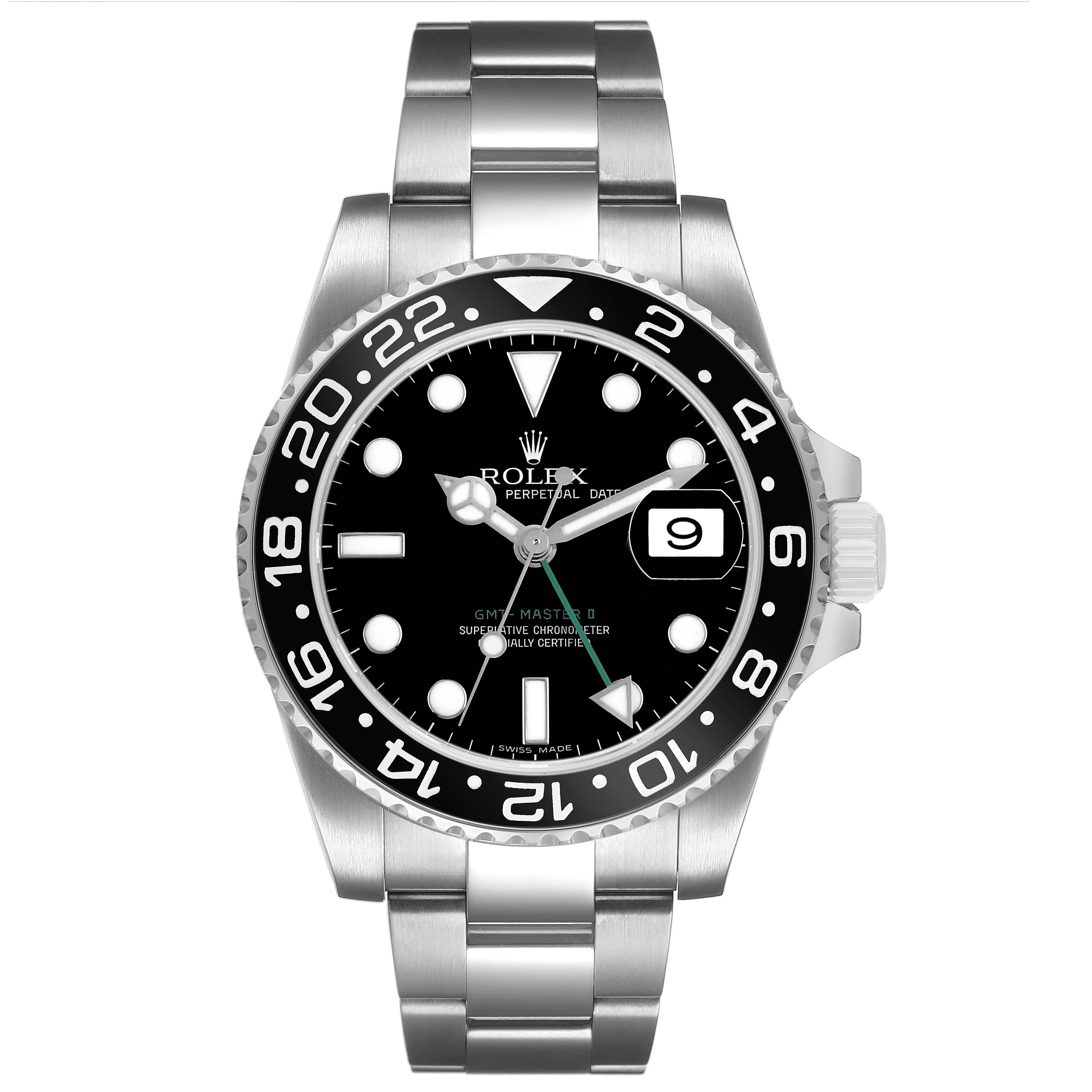 The Rolex GMT-Master 116710 Men's Stainless Steel Black Dial watch is shown from the front angle, displaying the dial, bezel, and bracelet.