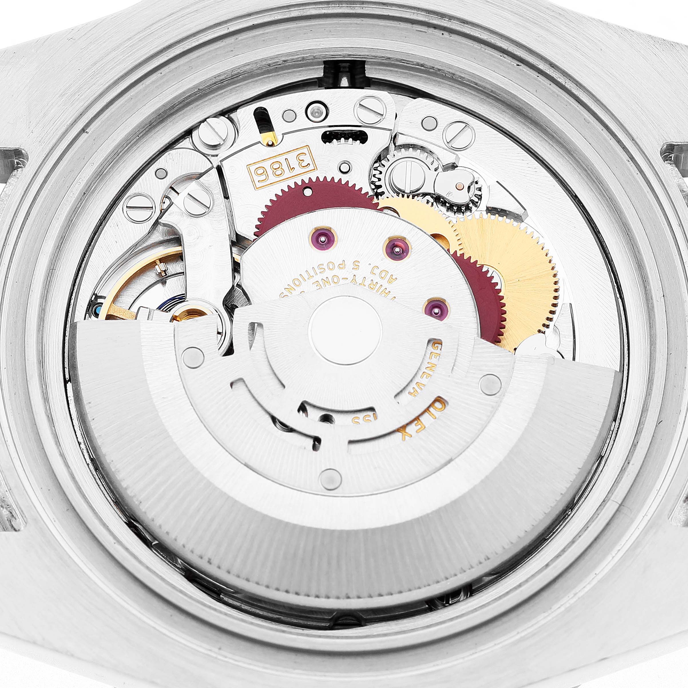 The image shows the movement of a Rolex GMT-Master 116710 Men's Stainless Steel Black Dial from a top-down angle, highlighting gears and rotor.