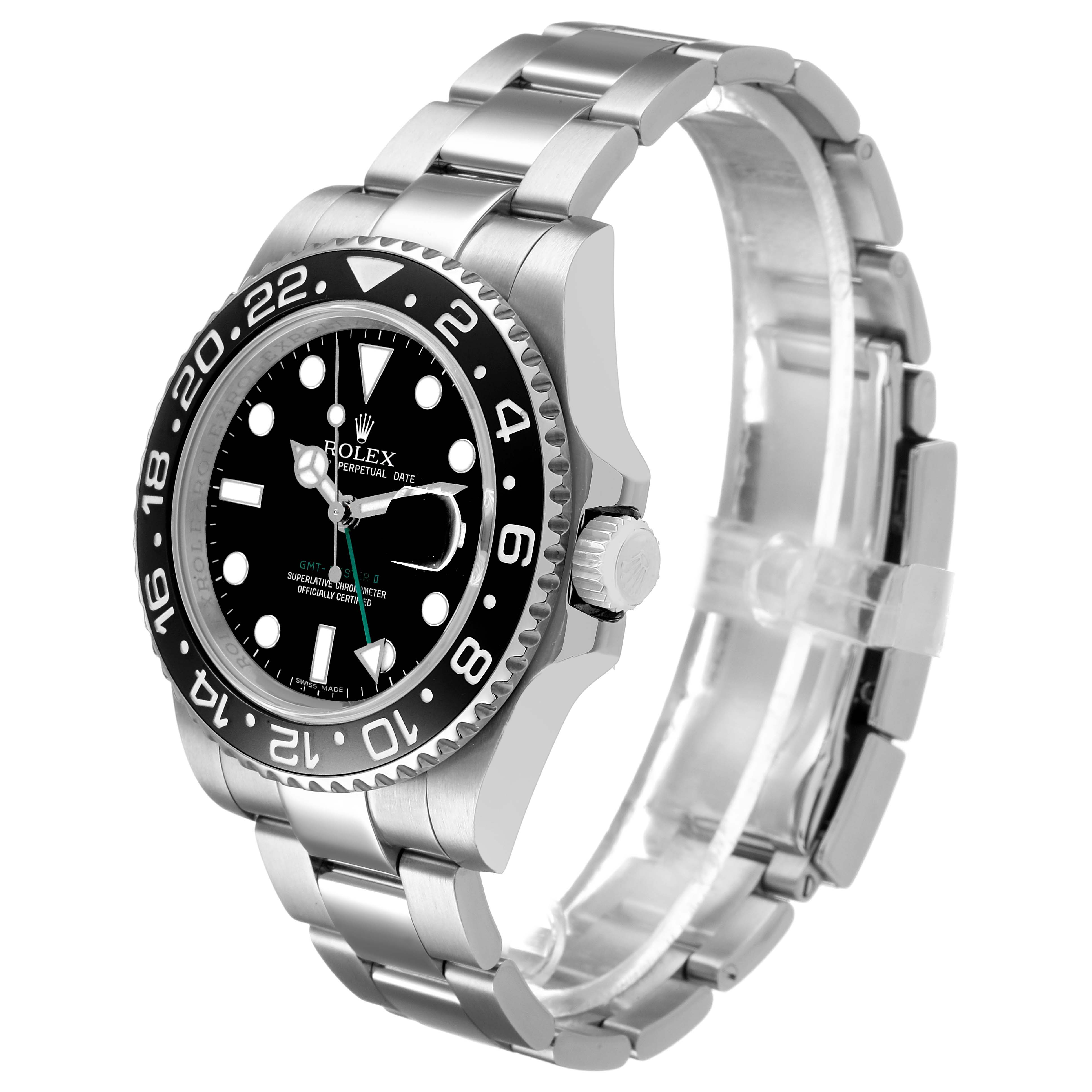 The Rolex GMT-Master 116710 Men's Stainless Steel Black Dial watch is shown in a three-quarter view, displaying the bezel, dial, and bracelet clearly.