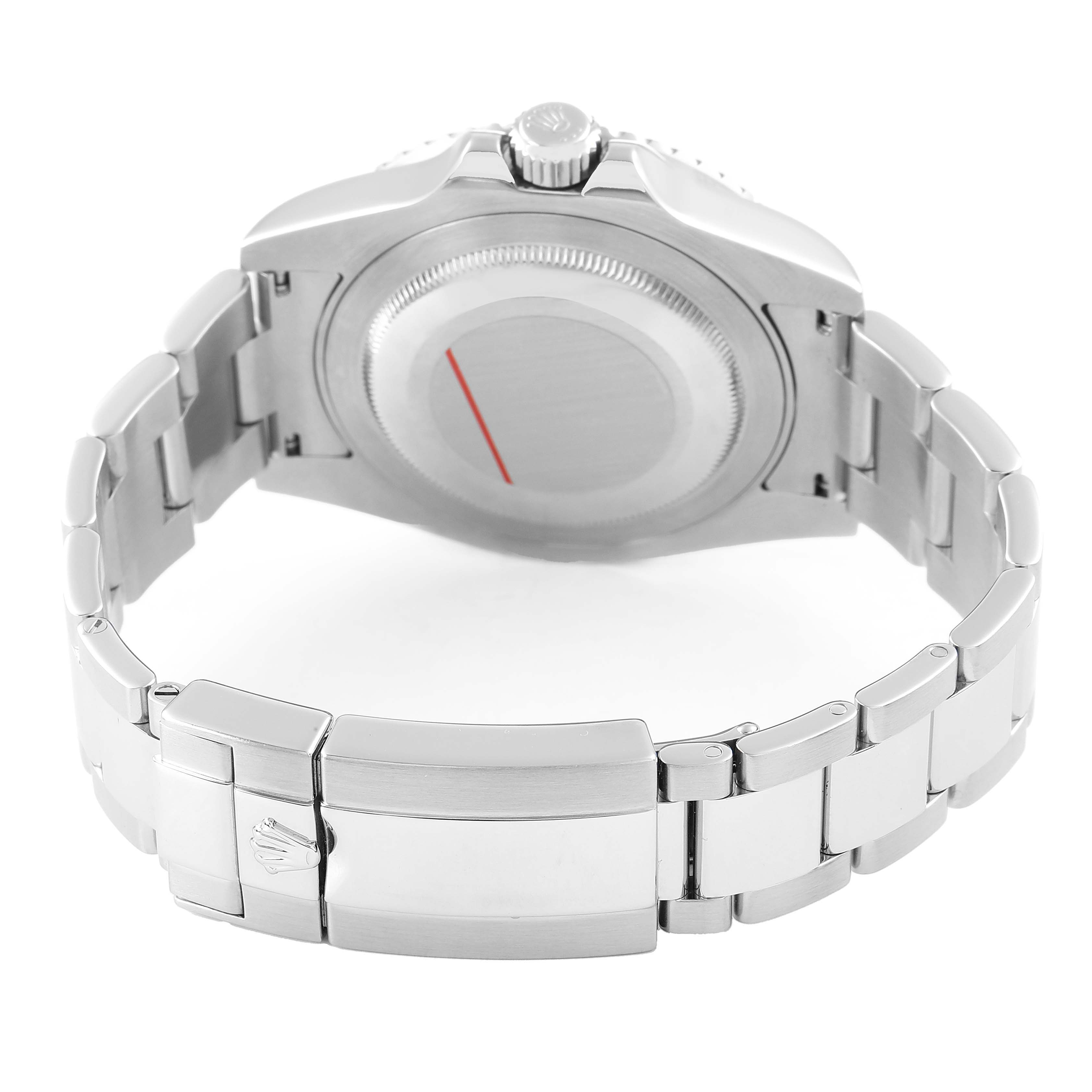 The image shows the back and bracelet of the Rolex GMT-Master 116710 Men's Stainless Steel Black Dial watch from a rear angle, highlighting the clasp and case back.