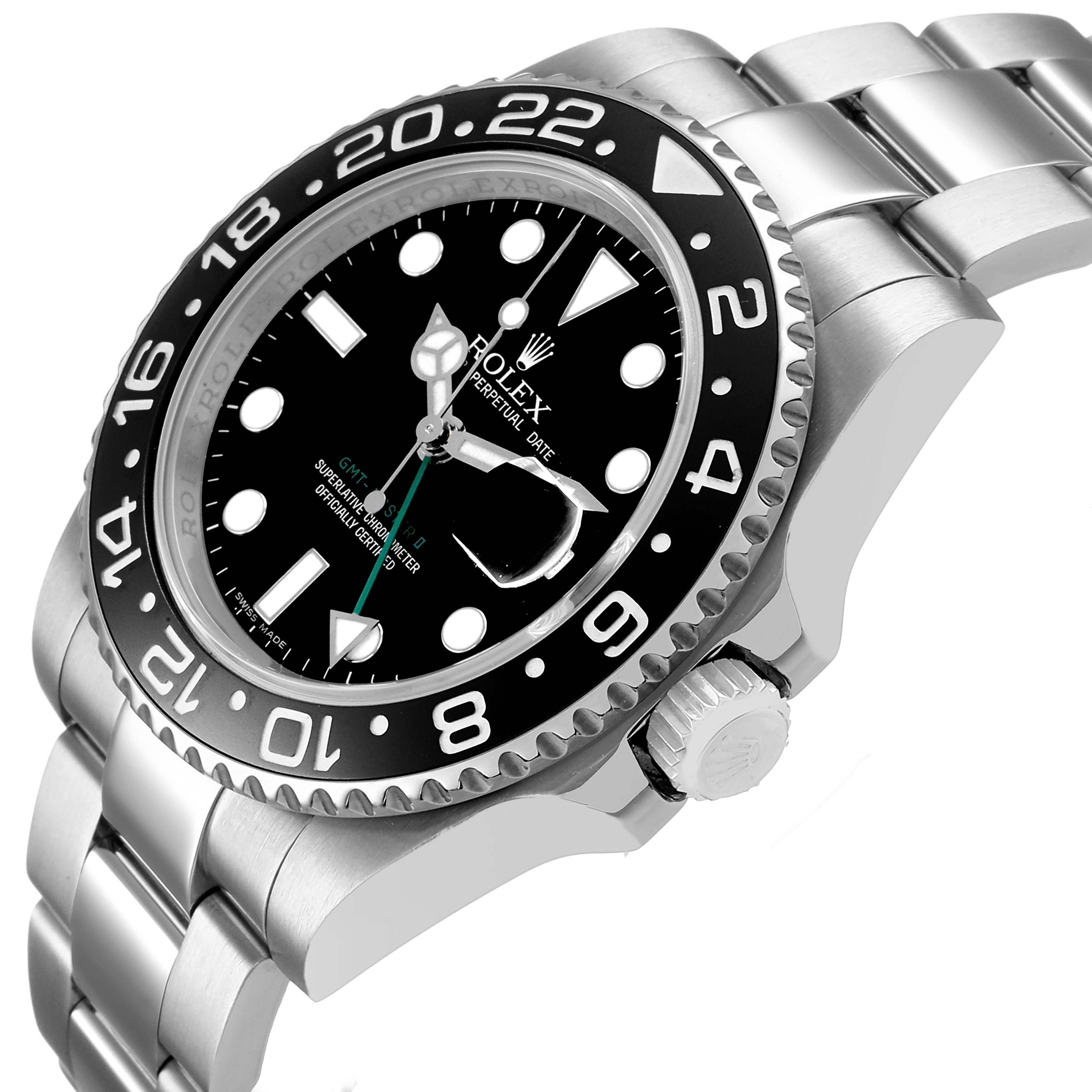 The Rolex GMT-Master 116710 Men's Stainless Steel Black Dial model watch is shown from a side angle, highlighting the bezel, dial, crown, and bracelet.