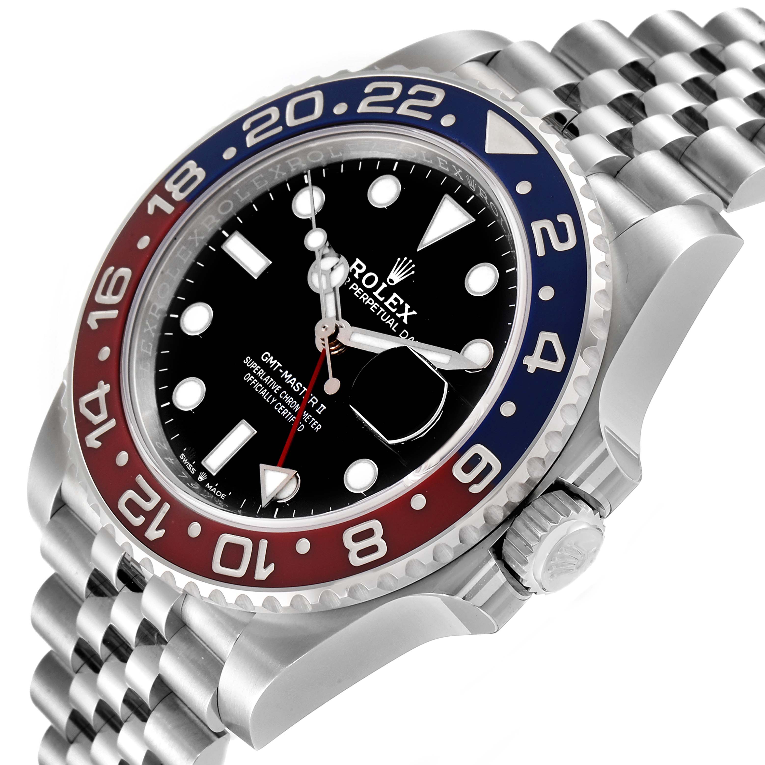 The image shows a close-up side angle of a Rolex GMT-Master 126710BLRO Men's Stainless Steel Black Dial 126710BLRO Men's Stainless Steel Black Dial II watch, featuring its bezel, dial, and part of the bracelet.