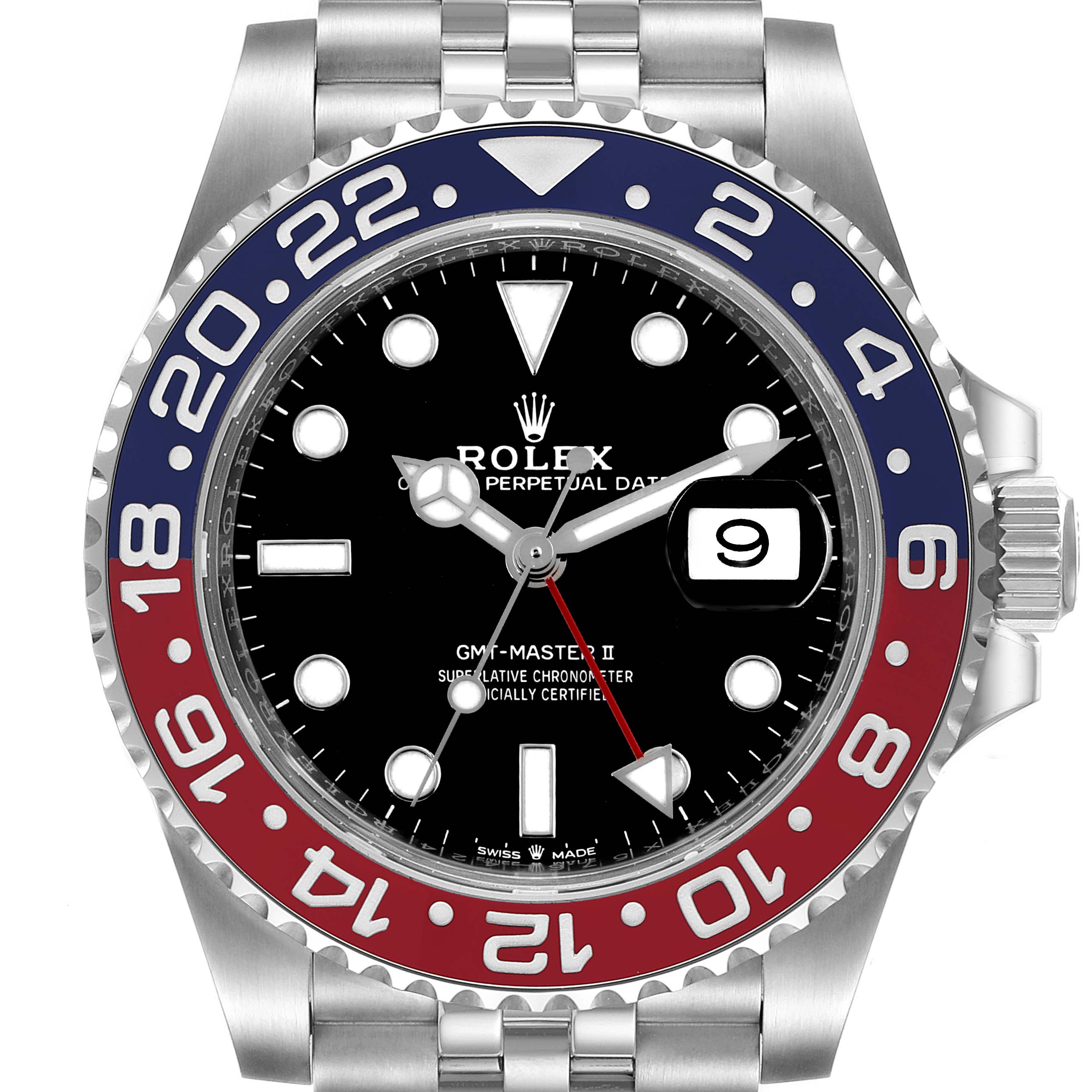The Rolex GMT-Master 126710BLRO Men's Stainless Steel Black Dial 126710BLRO Men's Stainless Steel Black Dial II watch is shown from a frontal angle, highlighting the dial, bezel, date window, and bracelet.