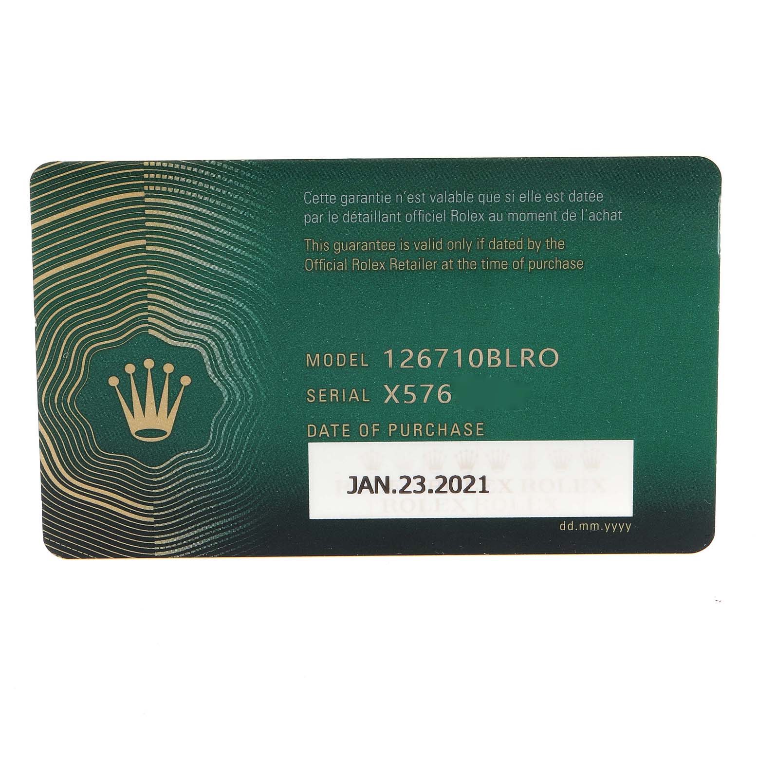 The image shows the warranty card for a Rolex GMT-Master 126710BLRO Men's Stainless Steel Black Dial 126710BLRO Men's Stainless Steel Black Dial model 126710BLRO, with a purchase date of January 23, 2021.