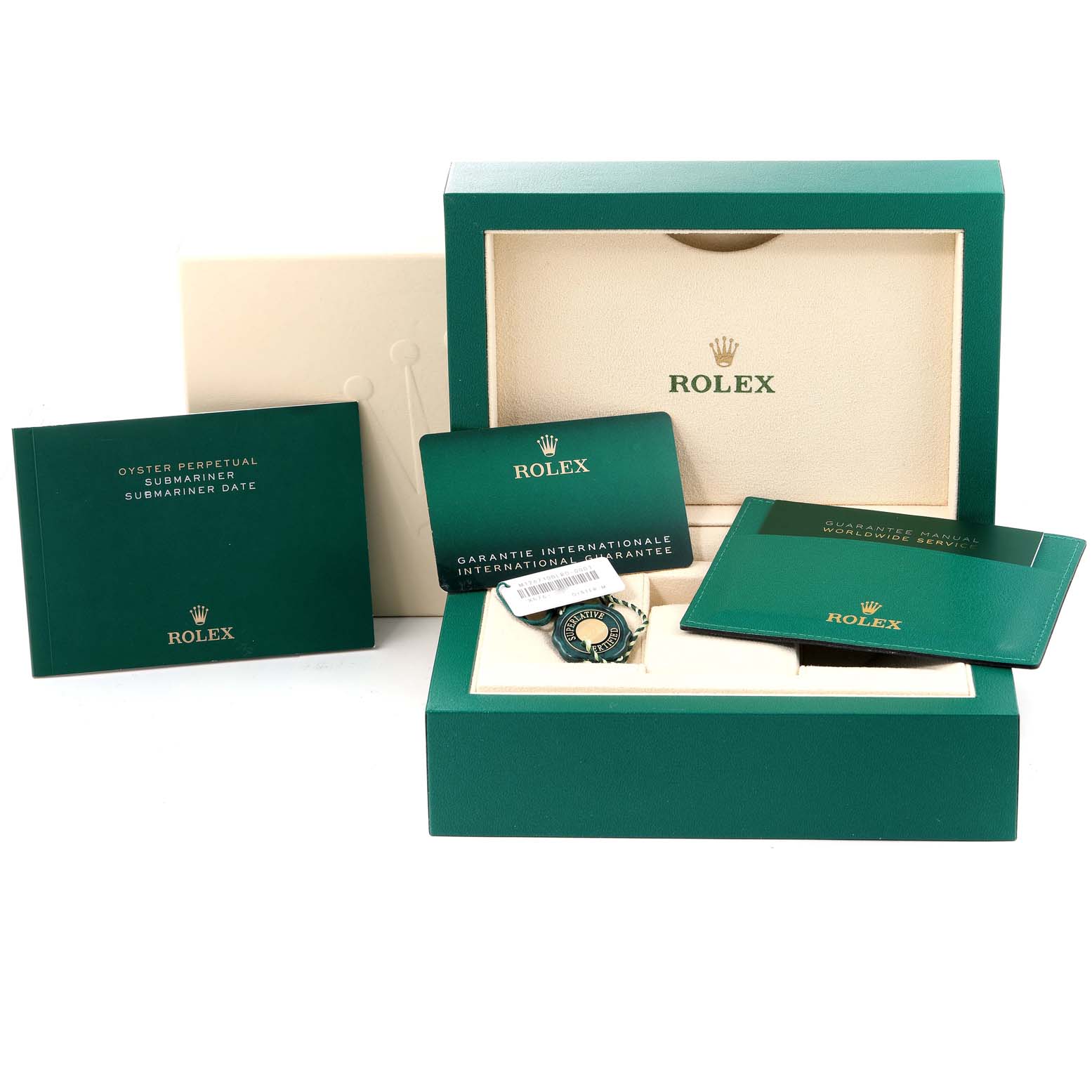 The image shows the box and accessories for a Rolex GMT-Master 126710BLRO Men's Stainless Steel Black Dial 126710BLRO Men's Stainless Steel Black Dial watch, including booklets, a tag, and an international guarantee card.