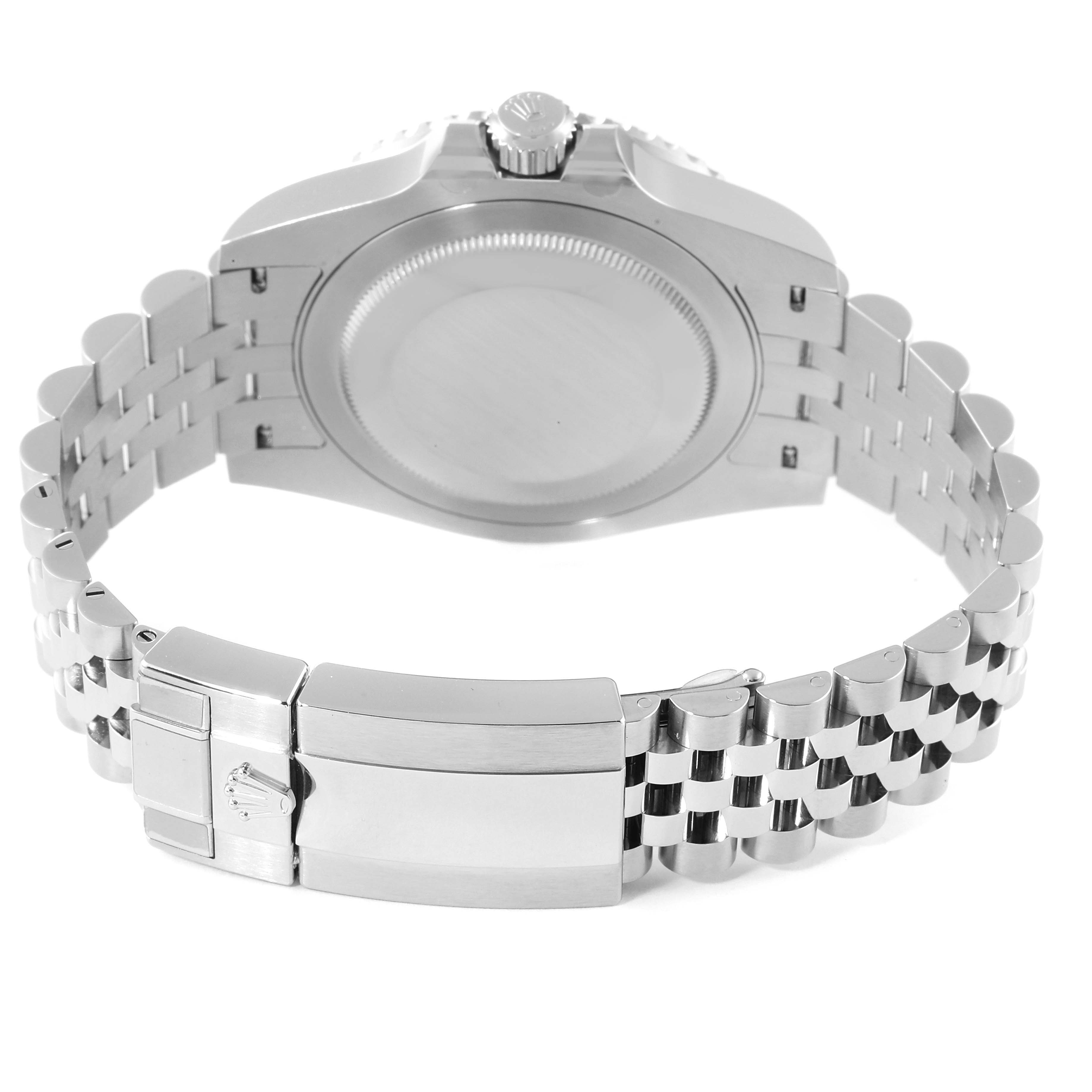 This image shows the back case and bracelet clasp of a Rolex GMT-Master 126710BLRO Men's Stainless Steel Black Dial 126710BLRO Men's Stainless Steel Black Dial watch.