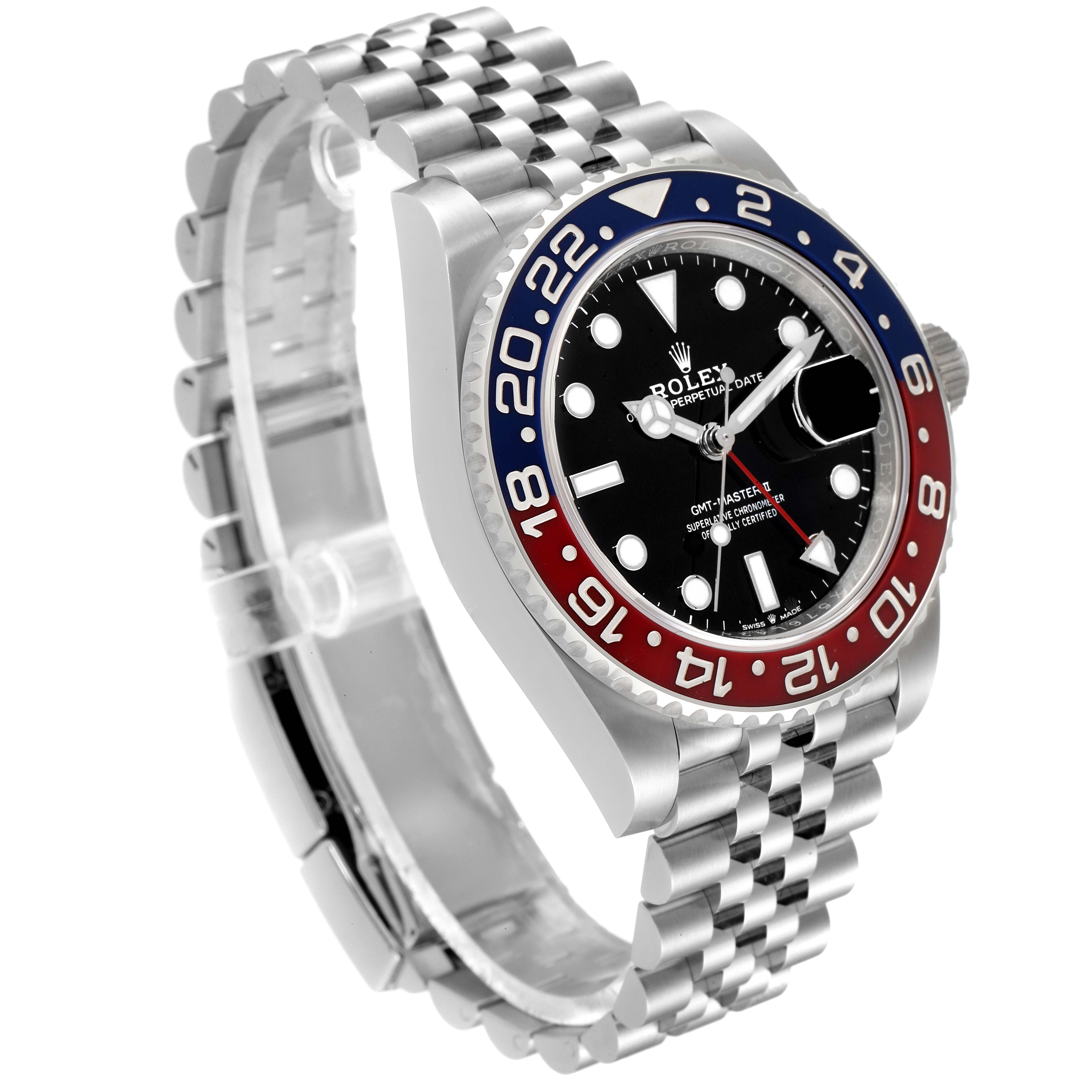 This image shows a side angle of a Rolex GMT-Master 126710BLRO Men's Stainless Steel Black Dial 126710BLRO Men's Stainless Steel Black Dial watch, featuring its bezel, face, and Jubilee bracelet.