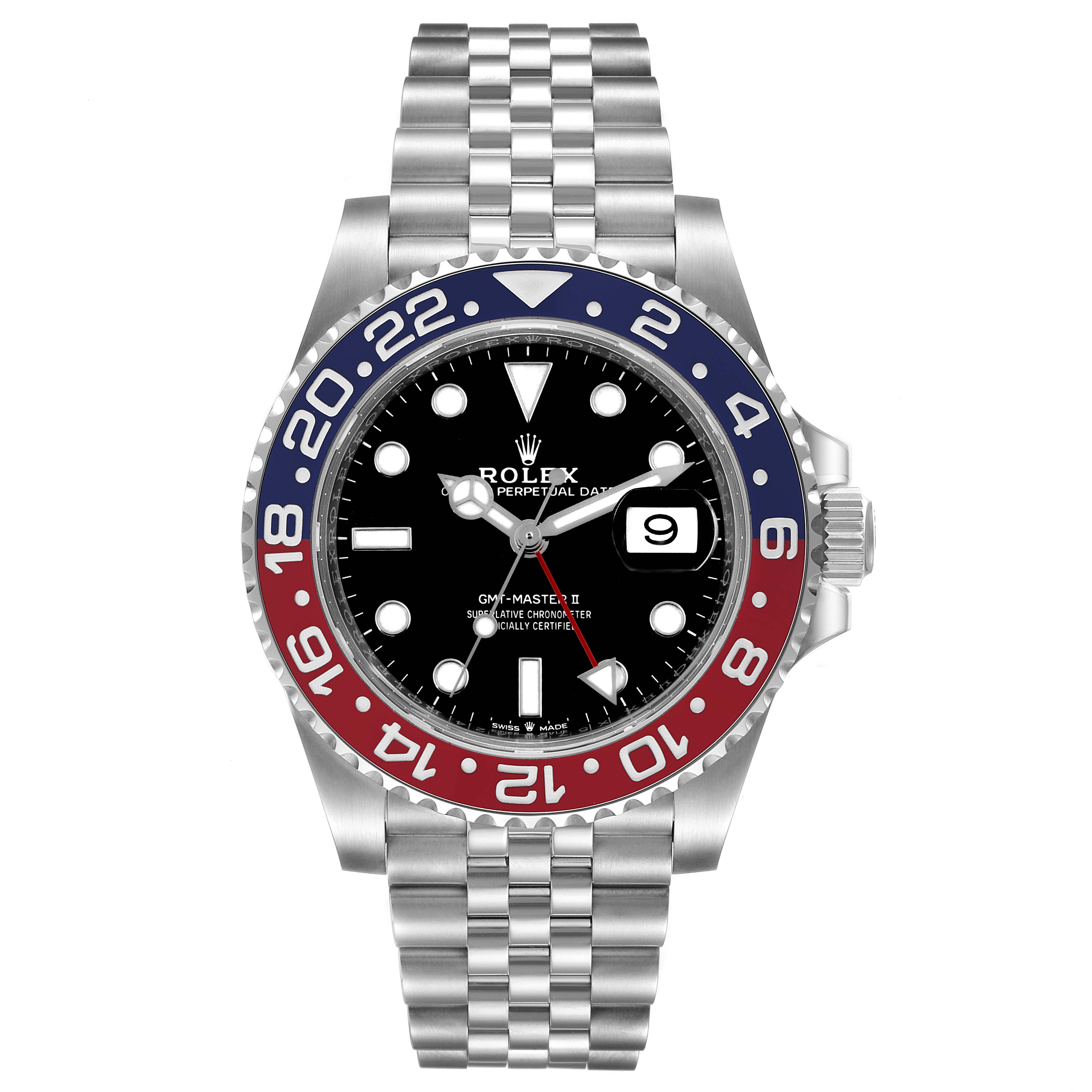 The Rolex GMT-Master 126710BLRO Men's Stainless Steel Black Dial 126710BLRO Men's Stainless Steel Black Dial watch is shown from a front angle, displaying its face, bezel, and Jubilee bracelet.