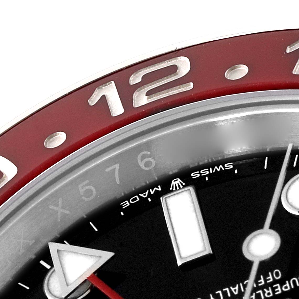 The image shows a close-up of the bezel and part of the dial of a Rolex GMT-Master 126710BLRO Men's Stainless Steel Black Dial 126710BLRO Men's Stainless Steel Black Dial watch.