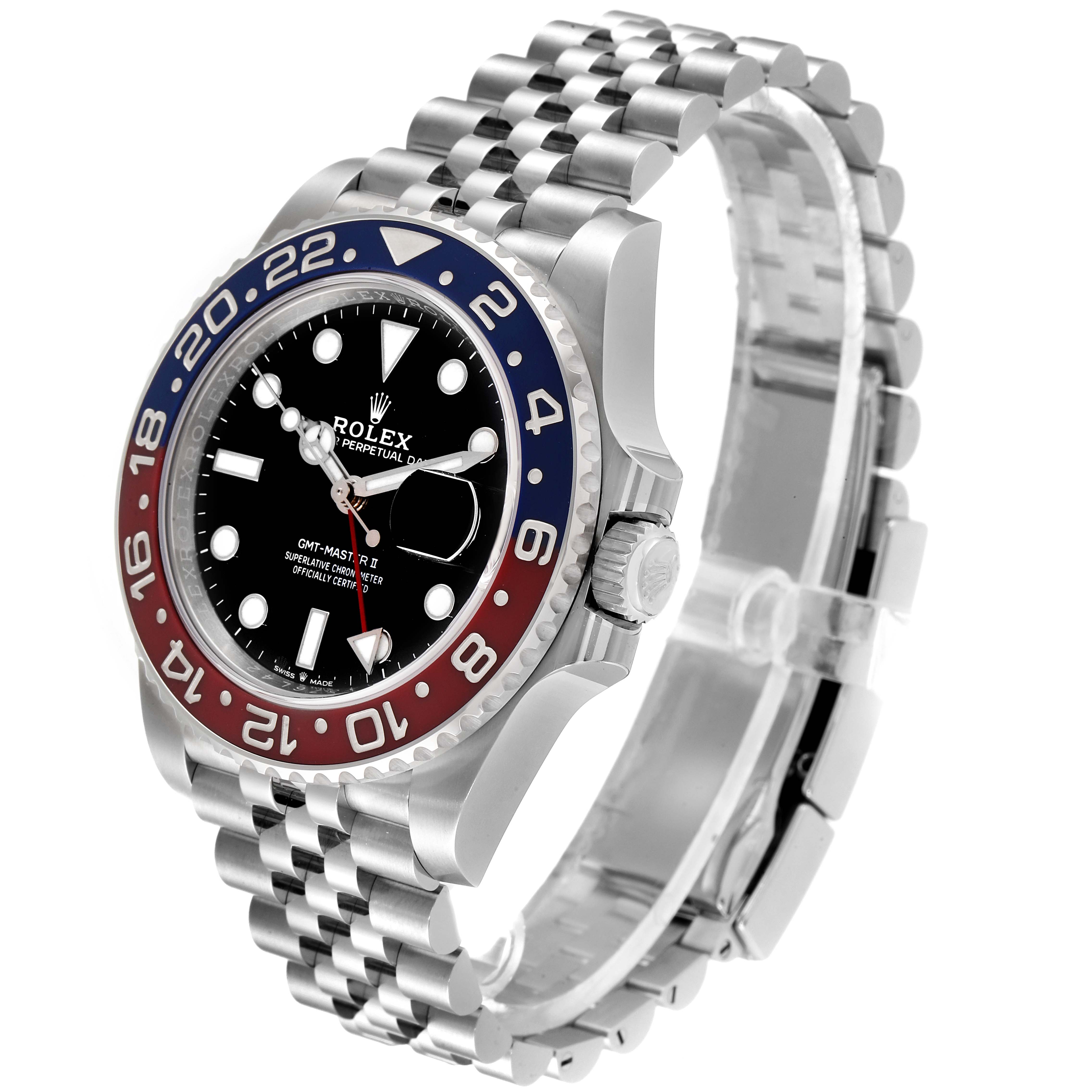 The Rolex GMT-Master 126710BLRO Men's Stainless Steel Black Dial 126710BLRO Men's Stainless Steel Black Dial watch is shown from a three-quarter angle, highlighting its bezel, dial, crown, and bracelet.