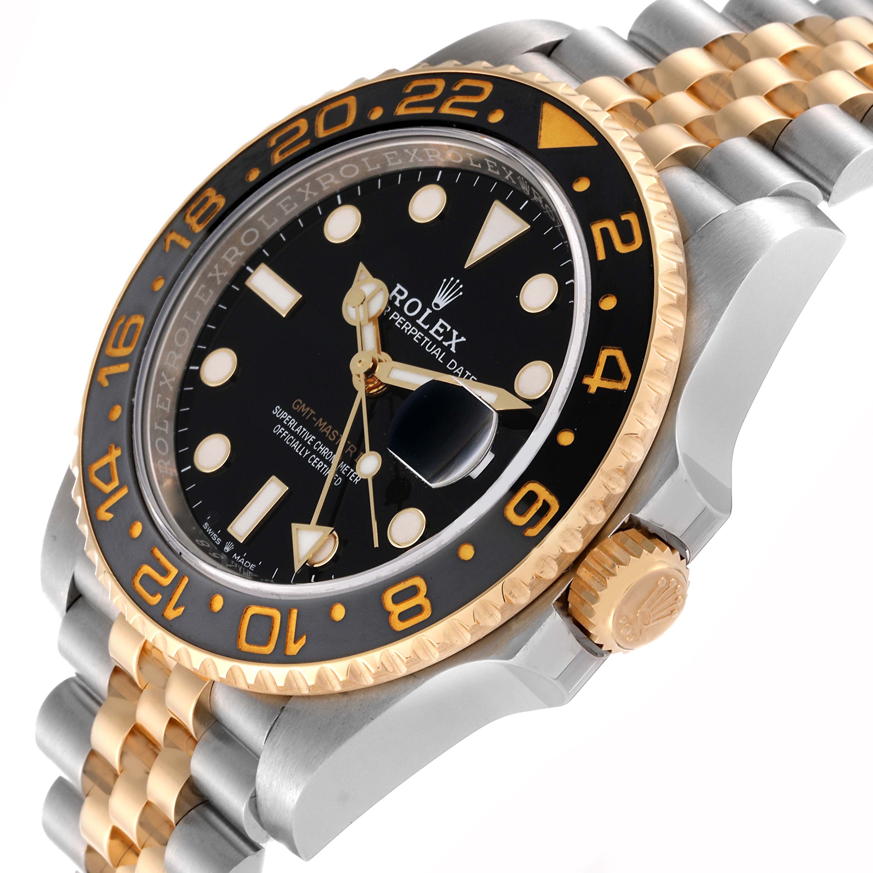 The image shows a side angle of a Rolex GMT-Master 126713GRNR Men's Steel and Gold (two tone) Black Dial 126713GRNR Men's Steel and Gold (two tone) Black Dial watch, highlighting its bezel, crown, and part of the bracelet.