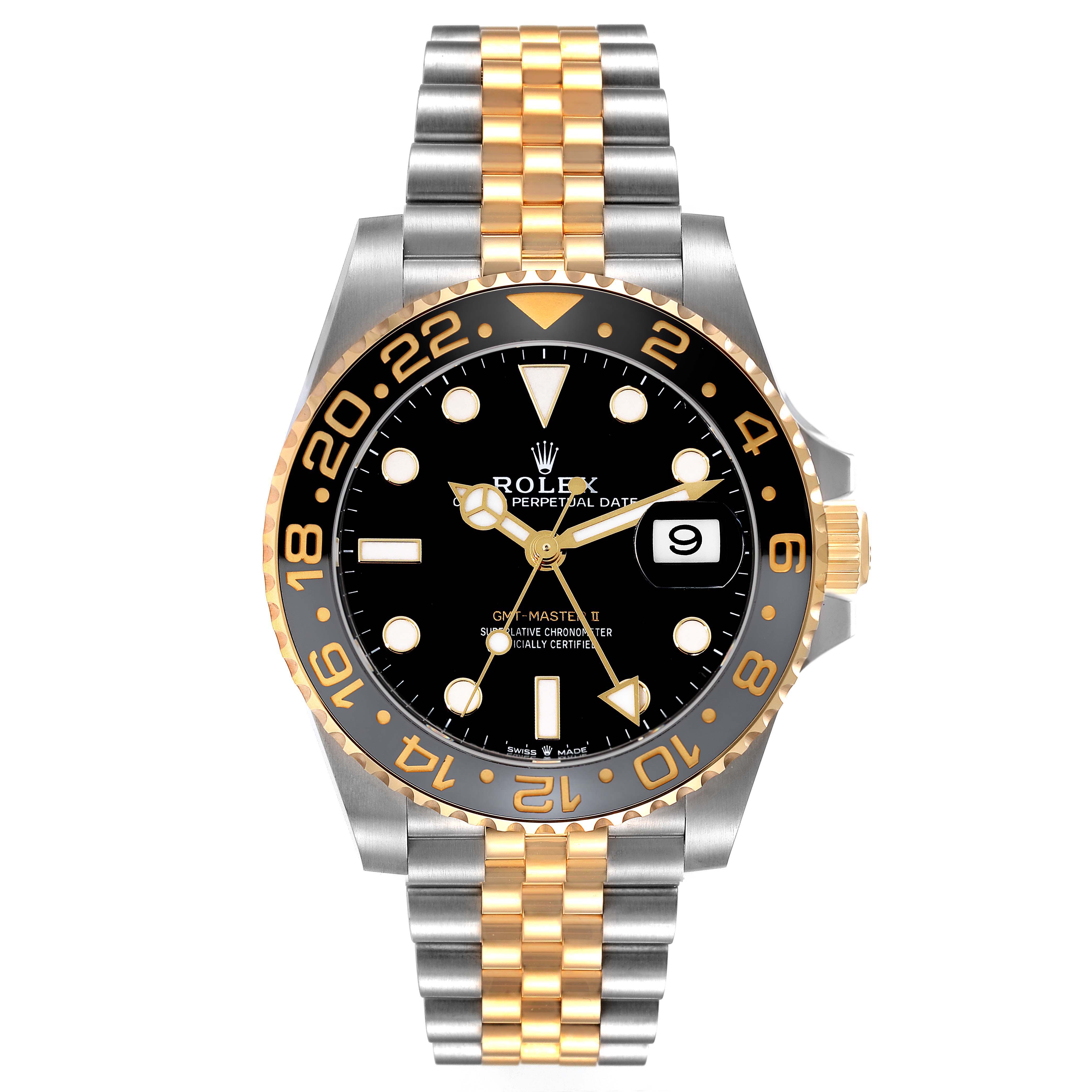 The image shows a frontal view of a Rolex GMT-Master 126713GRNR Men's Steel and Gold (two tone) Black Dial 126713GRNR Men's Steel and Gold (two tone) Black Dial watch, highlighting the bezel, dial, hands, and two-tone bracelet.