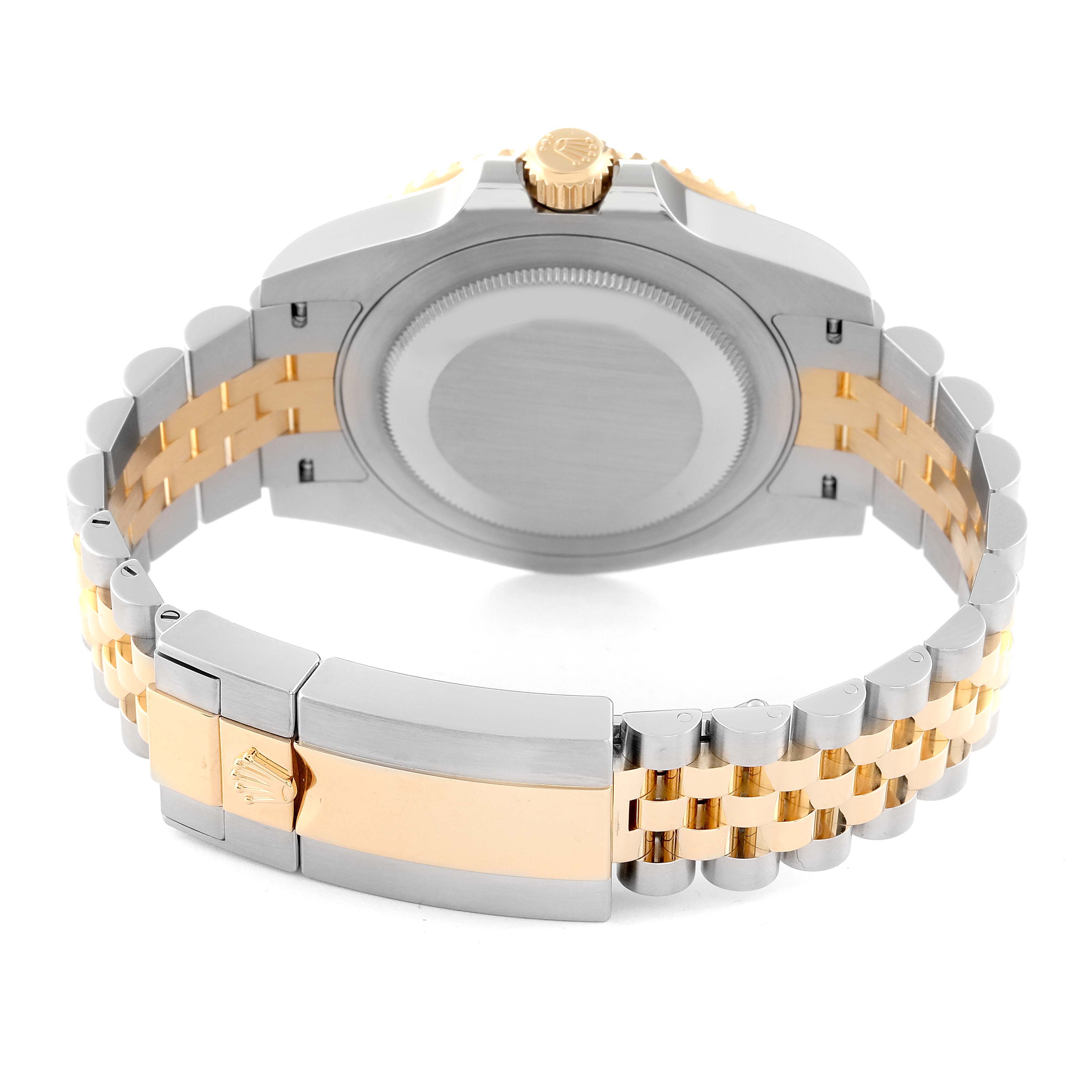This image shows the back view of a Rolex GMT-Master 126713GRNR Men's Steel and Gold (two tone) Black Dial 126713GRNR Men's Steel and Gold (two tone) Black Dial watch, highlighting its bracelet and clasp.
