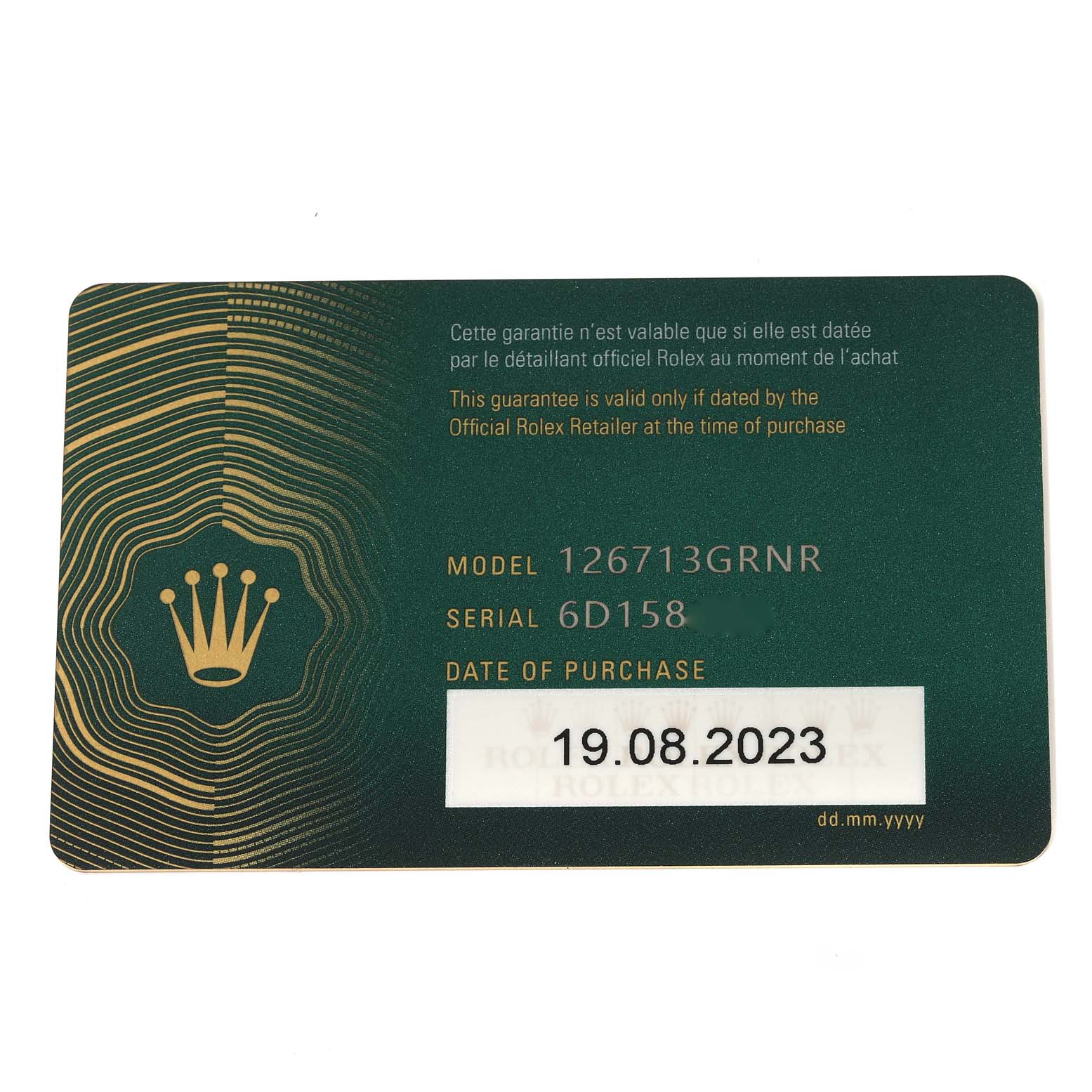 The image shows a warranty card for a Rolex GMT-Master 126713GRNR Men's Steel and Gold (two tone) Black Dial 126713GRNR Men's Steel and Gold (two tone) Black Dial model 126713GRNR, with the purchase date of 19.08.2023.