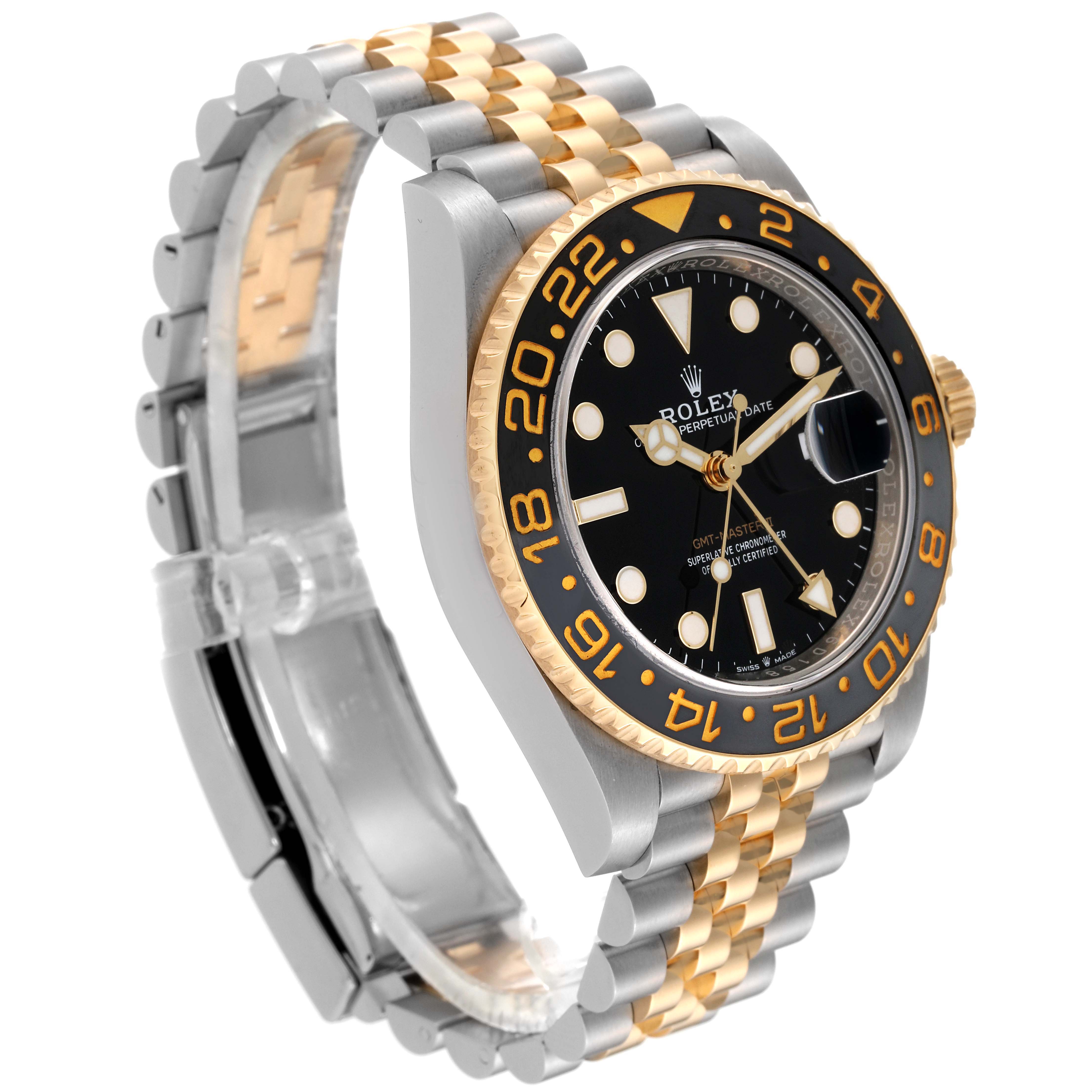 The Rolex GMT-Master 126713GRNR Men's Steel and Gold (two tone) Black Dial 126713GRNR Men's Steel and Gold (two tone) Black Dial watch is shown at a side angle, highlighting its bezel, dial, and two-tone bracelet.