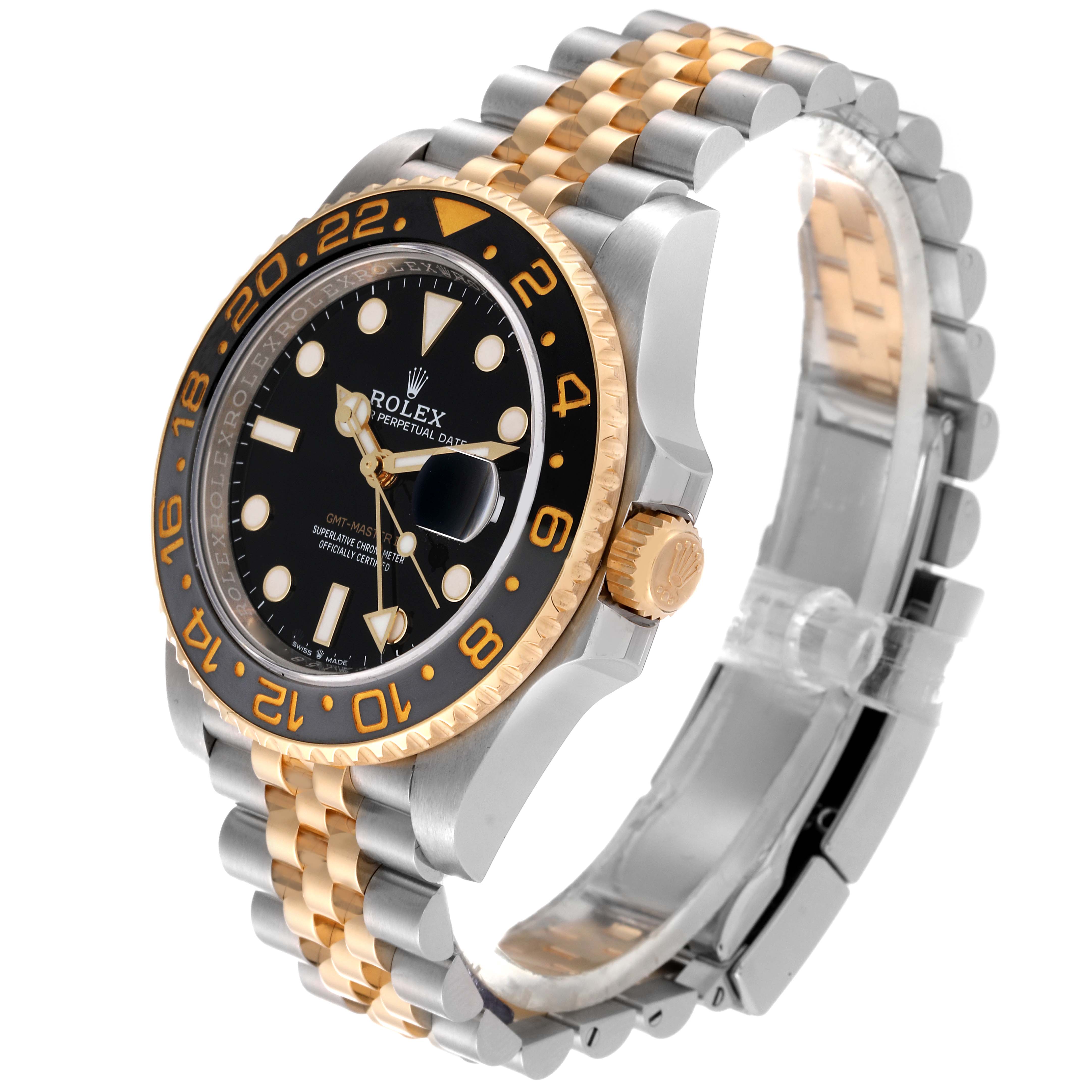 This GMT-Master Rolex watch is shown from a three-quarter angle, highlighting its bezel, dial, crown, and two-tone bracelet.