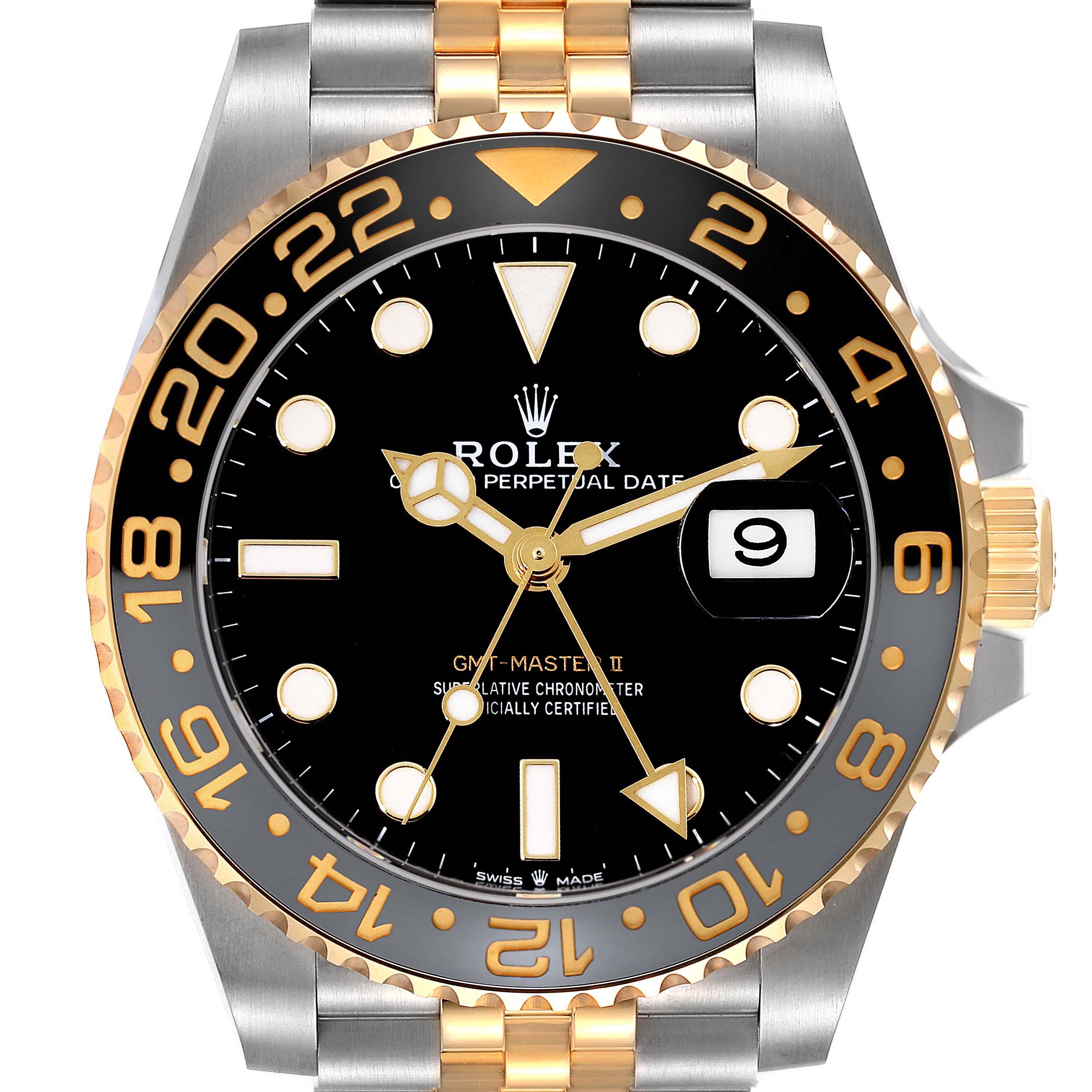 The image shows a frontal view of a Rolex GMT-Master 126713GRNR Men's Steel and Gold (two tone) Black Dial 126713GRNR Men's Steel and Gold (two tone) Black Dial II, displaying the dial, bezel, and parts of the bracelet.