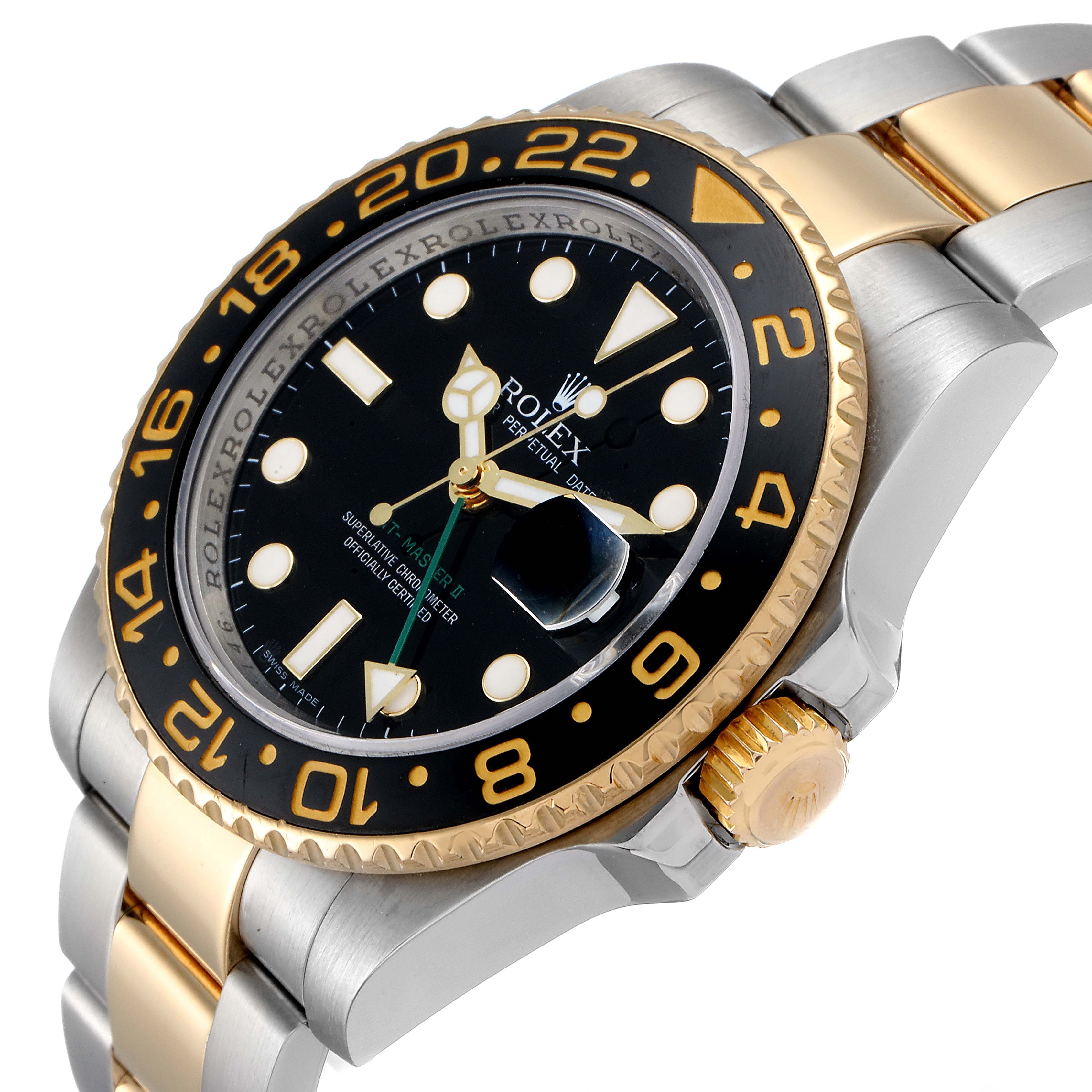 The image shows a close-up angled view of the Rolex GMT-Master 116713 Men's Steel and Gold (two tone) Black Dial 116713 Men's Steel and Gold (two tone) Black Dial watch, focusing on its bezel, dial, and part of the bracelet.