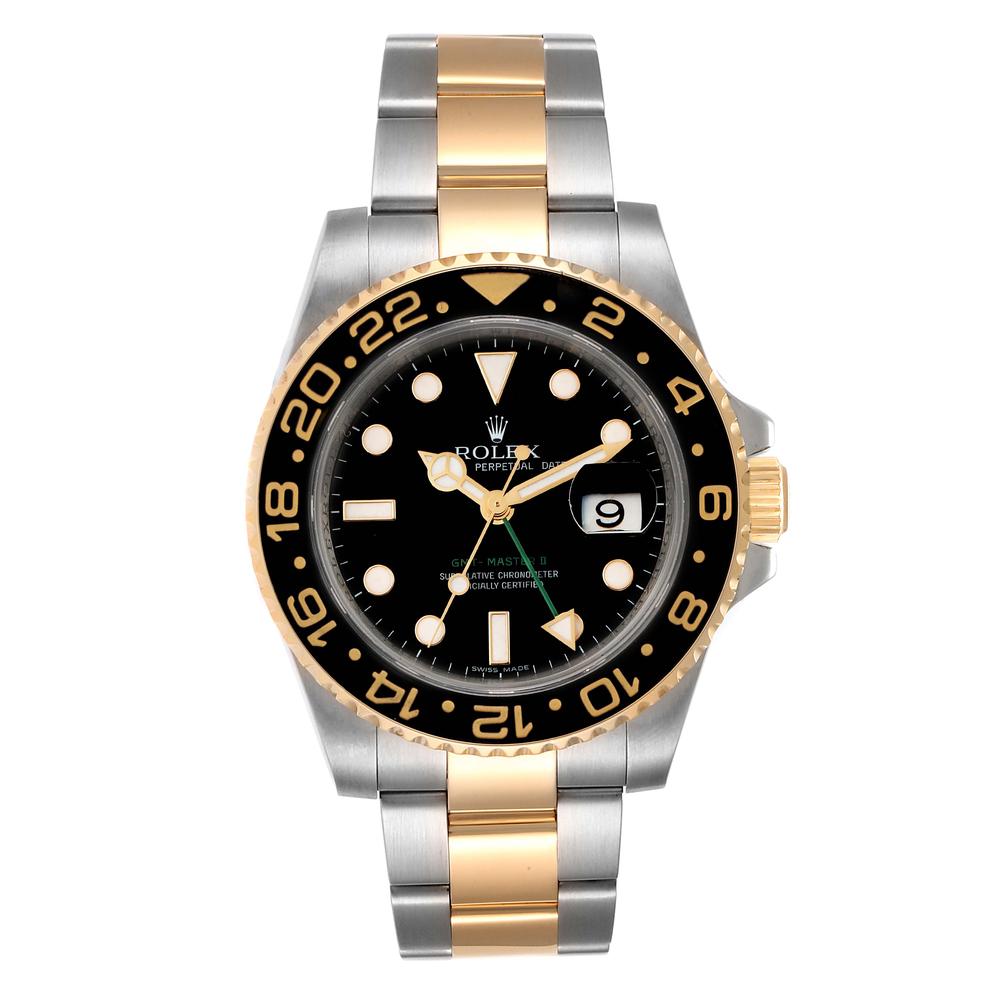 This image shows a front view of the Rolex GMT-Master 116713 Men's Steel and Gold (two tone) Black Dial 116713 Men's Steel and Gold (two tone) Black Dial watch, displaying the face, bezel, and bracelet.